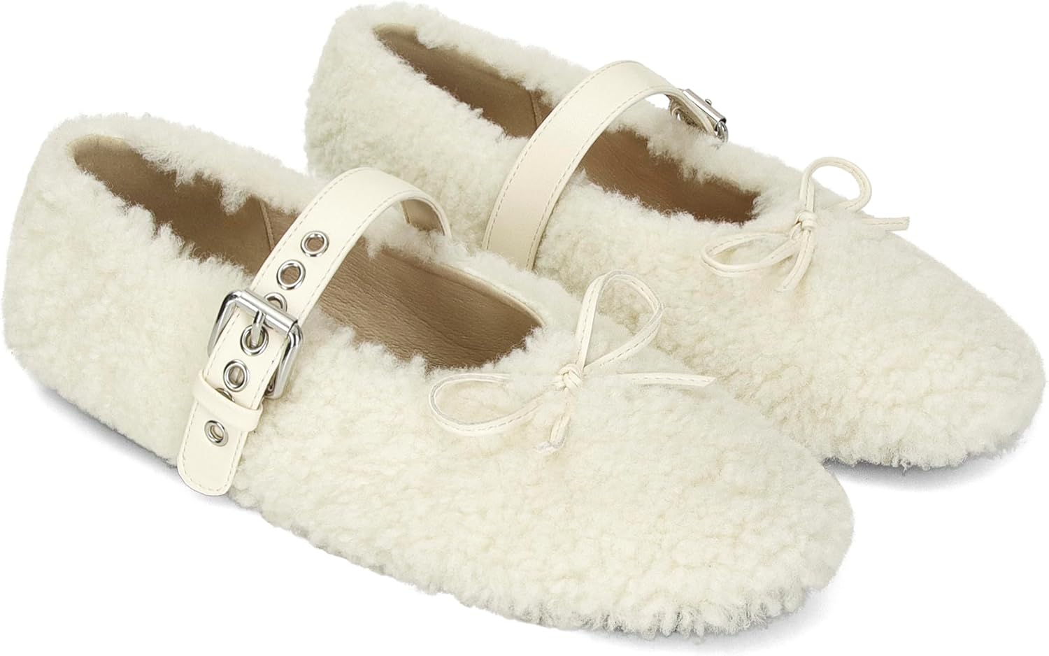 Fur Ballet Flats with Buckle for Women Comfy Faux Shearling Mary Jane Flats Adjustable Strap Ballerina Flat Shoes Causal Daily Dress Shoes