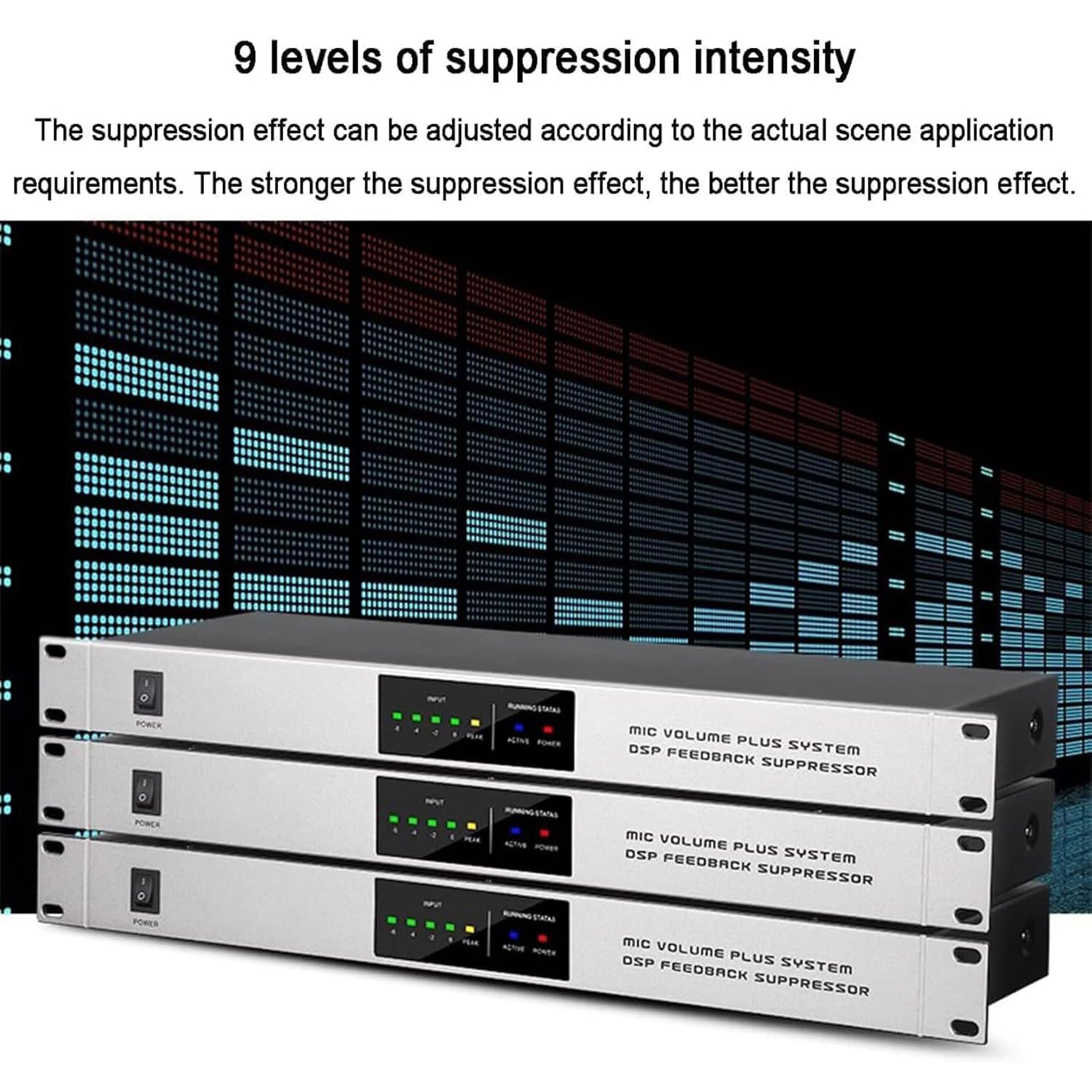 Processore audio digitale, anti-ululato con 2 ingressi e 2 uscite, controllo dell'intensità a 9 livelli, qualità del suono migliorata per studi di registrazione, bar e sale musicali