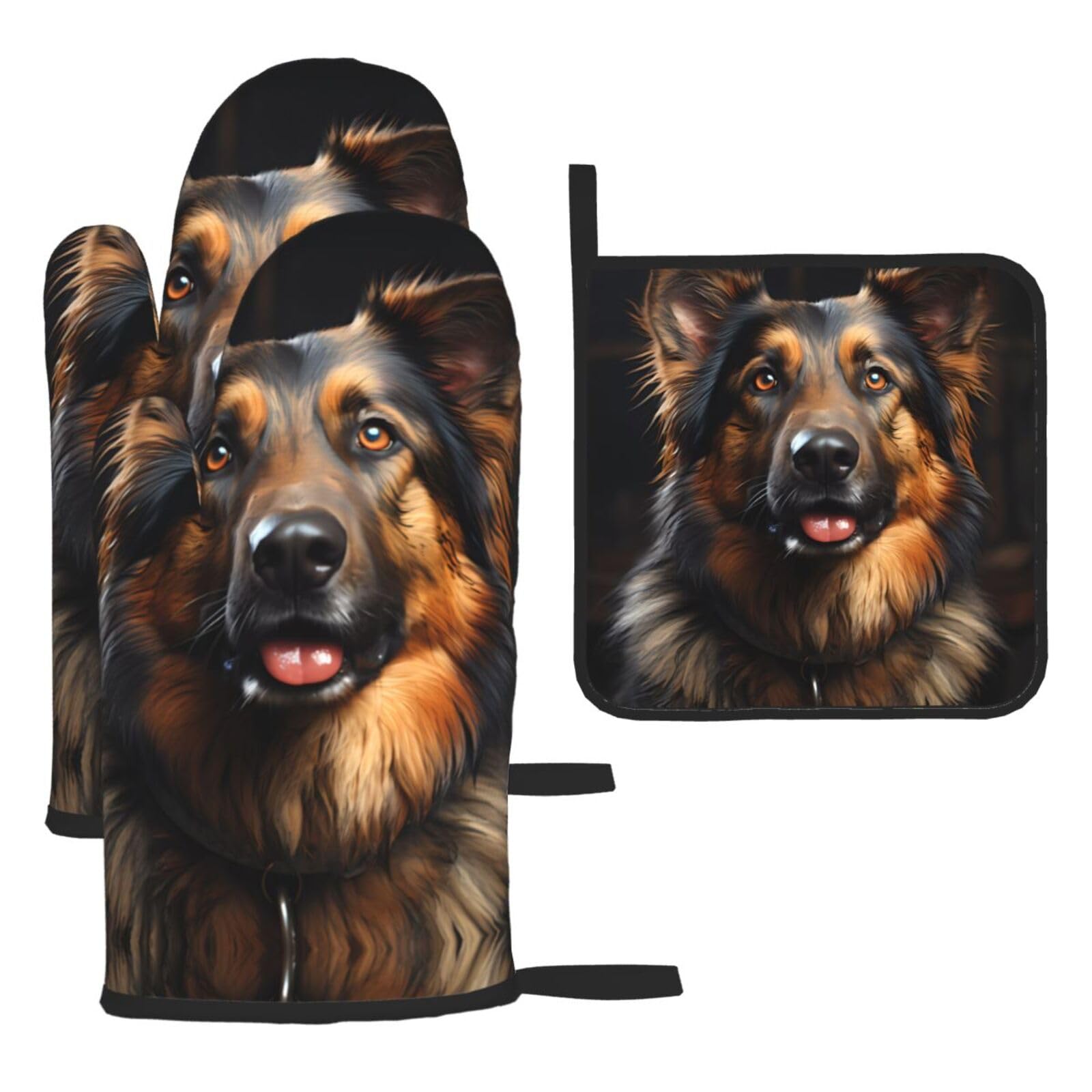 German Shepherd Printed Oven Mitt Set 3-Piece | Heat Resistant Gloves & Pot Holder Mat for Cooking, Baking & BBQ