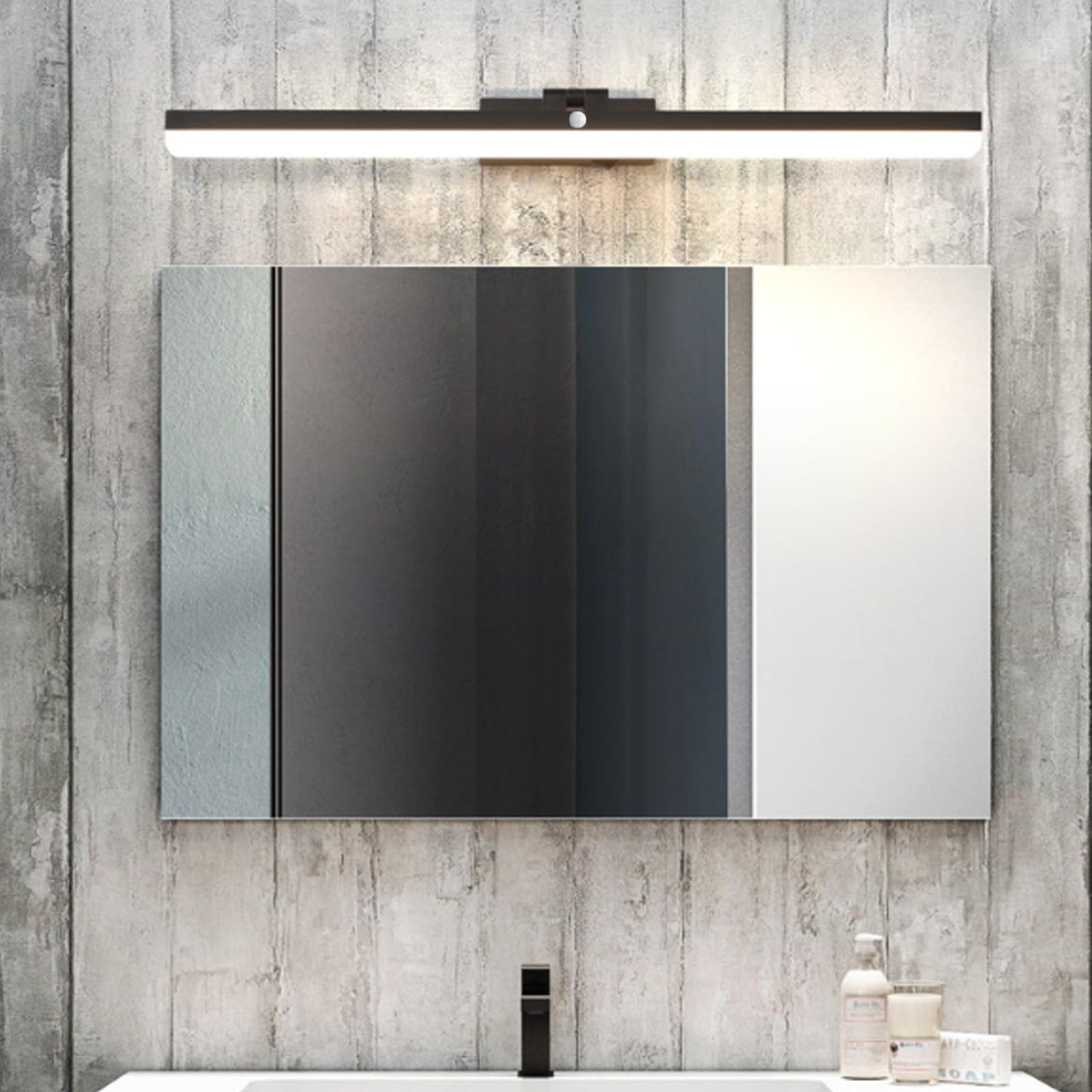 Kinkiet LED do łazienki z czujnikiem ruchu 120 stopni, akrylowy, aluminiowy, minimalistyczny, długi kinkiet, nowoczesna dekoracja lustrzana do salonu, sypialni i kuchni, czar,Black White Light-80cm