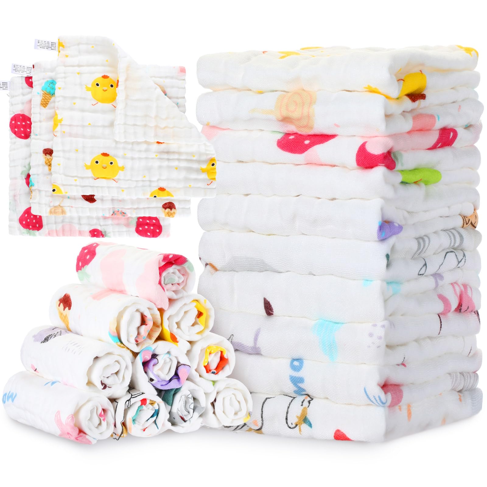 VitalCozy 50 Pieces Baby Cotton Washcloths Muslin Burp Cloths Soft Wash Cloths for Babies Colorful Baby Rags Washable Toddler Washcloths for Unisex