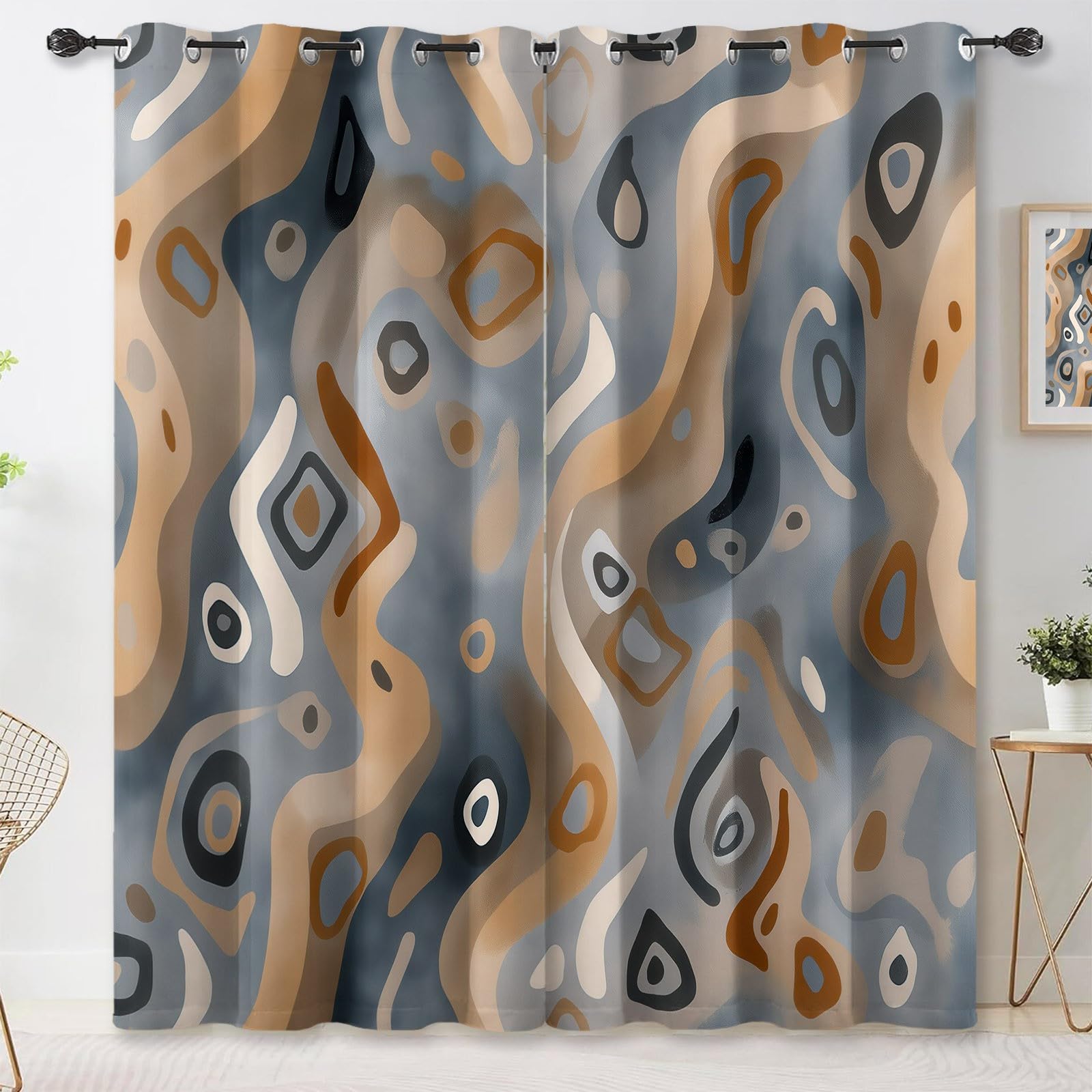Rideaux Occultants Isolants Anti-Froid 91.5L X 160H cm (2 Panneaux), Design Géométrie Tribale Traditionnelle, Tenture à Œillets Opaque pour Salon et Chambre, Gris-Bleu Brun