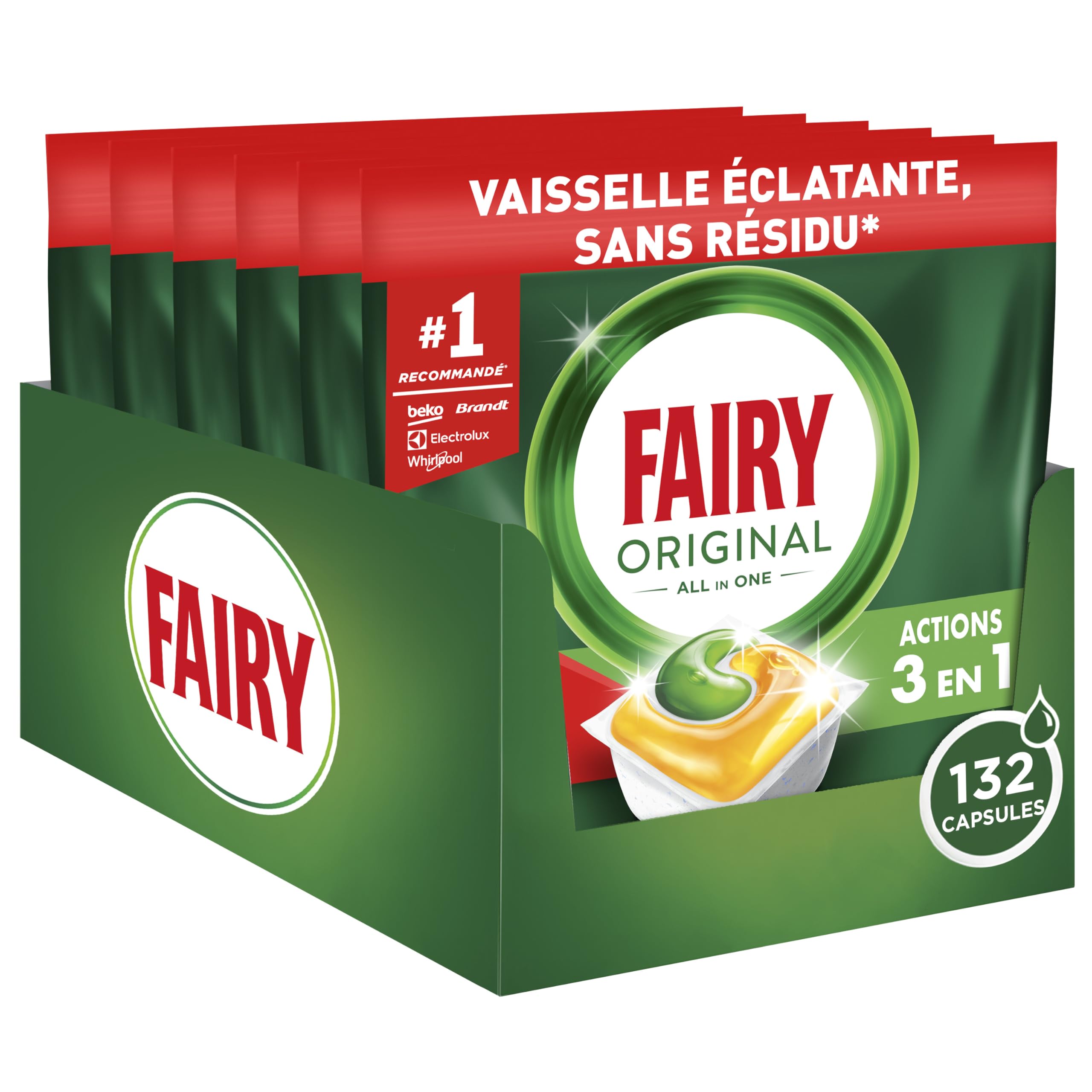 Fairy Original Tablettes Lave-Vaisselle Tout En 1 Citron 132 Capsules Efficaces Contre Graisse Incrustée Dissolution Ultra-Rapide Protection Verre et Argent Sans Odeurs