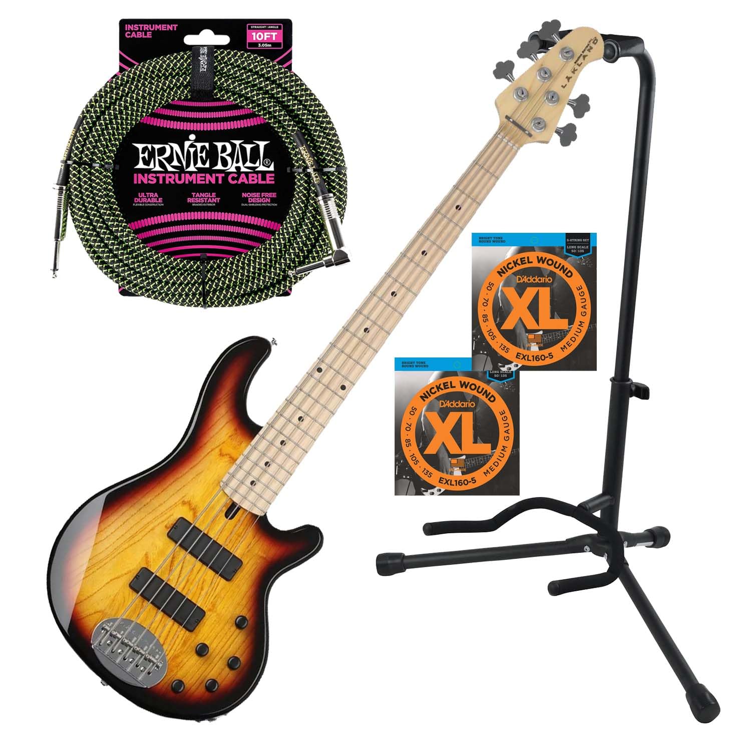 Lakland Skyline 55-01Bass 3-Tone Sunburst with Maple, (2) D’Addario EXL160-5, Gator Stand, Ernie Ball P06077 Bundle