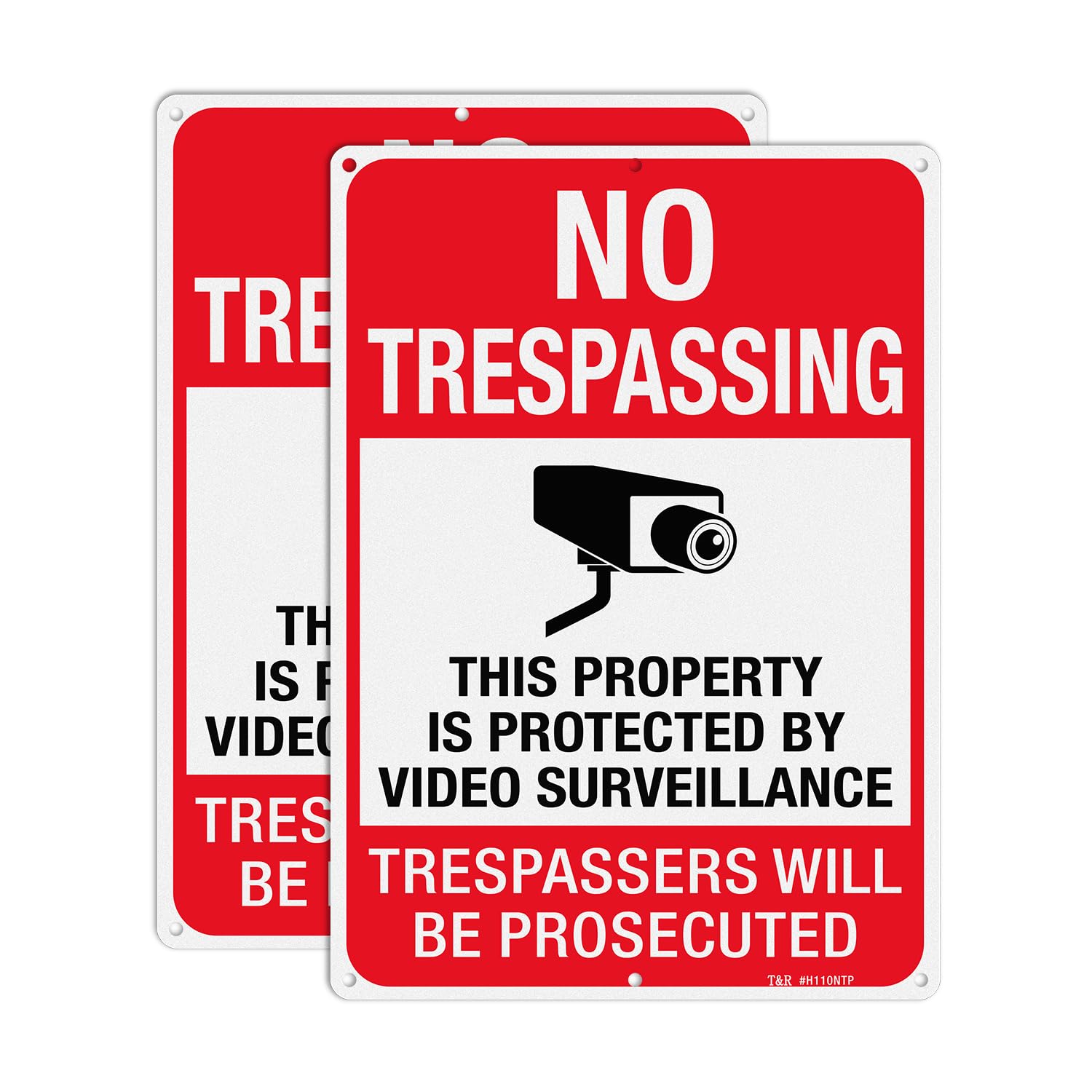 T&R Large No Trespassing Private Property Sign Video Surveillance Sign - 2 Pack - 14 x 10 Inches Rust Free .040 Aluminum Reflective, UV Protected,