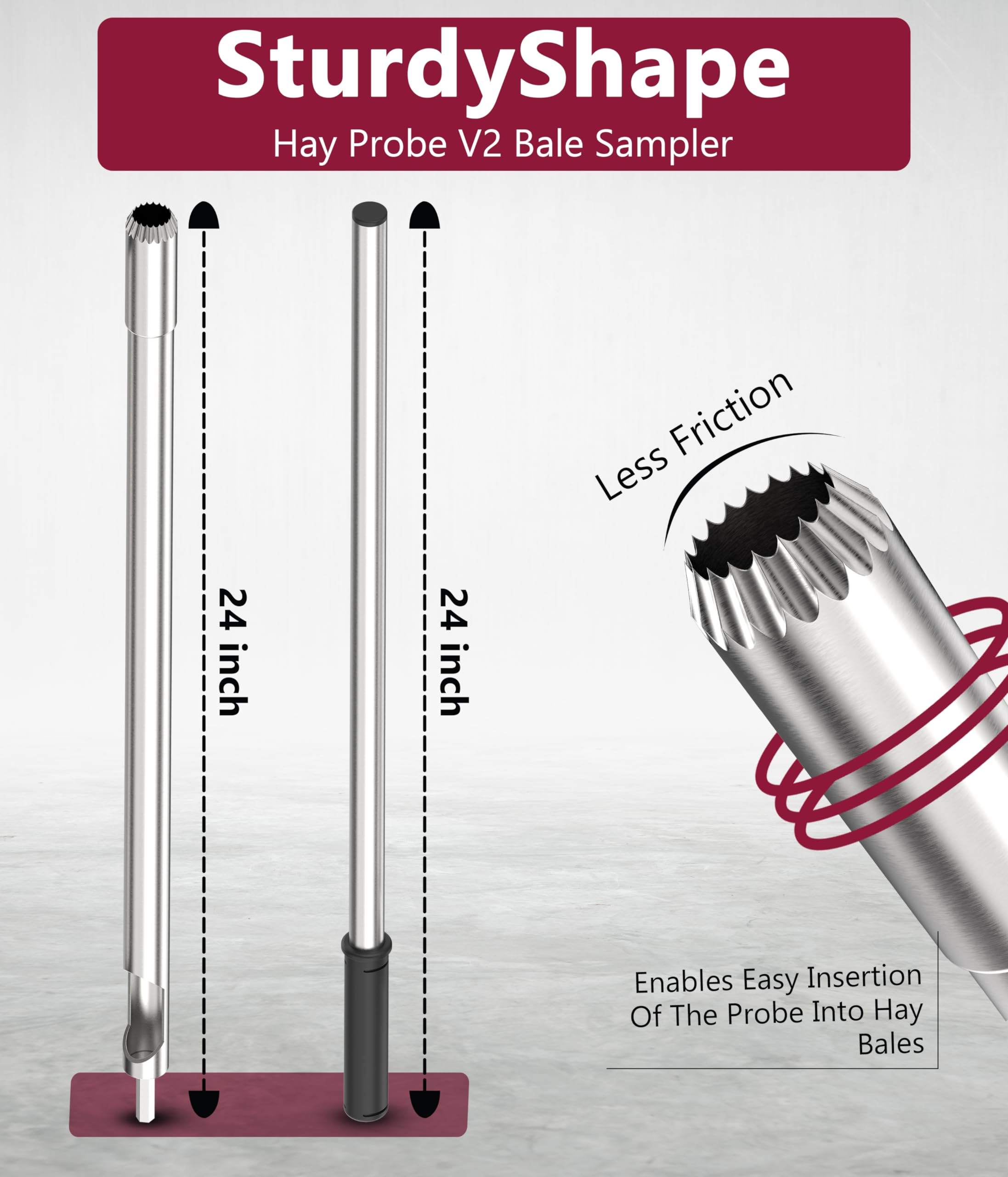 SturdyShape Premium Heusonde Ballenprobe für Bohrer, 61 cm, mit gezackter Spitze, kommt mit Dübel und Metallfeile zum Nachschärfen, genaue Heuprüfung für Landwirte und Viehzüchter, strapazierfähig