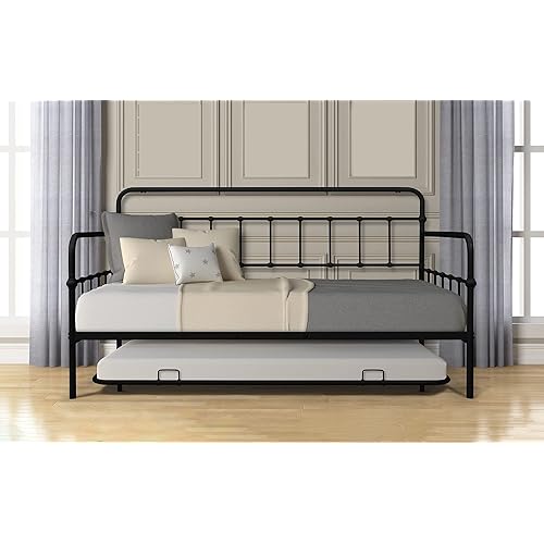 Anwickhomk Daybed with Trundle,Metal Daybed Fram,Heavy Duty Steel Slat Support Saving Space Sofa Bed,Bedroom Living Room Furniture for Guest, Twin with Trundle (Black)