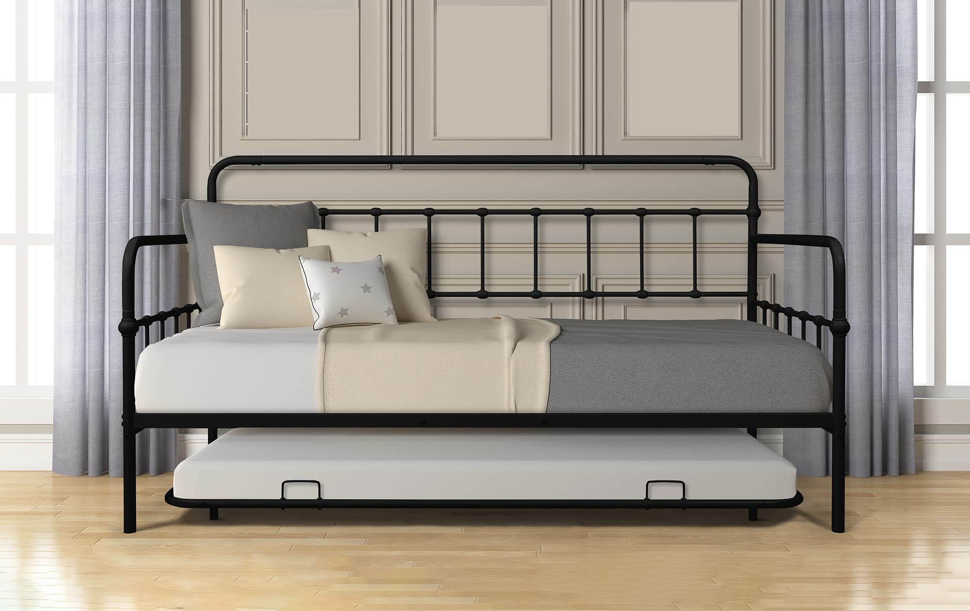 Daybed with Trundle,Metal Daybed Fram,Heavy Duty Steel Slat Support Saving Space Sofa Bed,Bedroom Living Room Furniture for Guest, Twin with Trundle (Black)