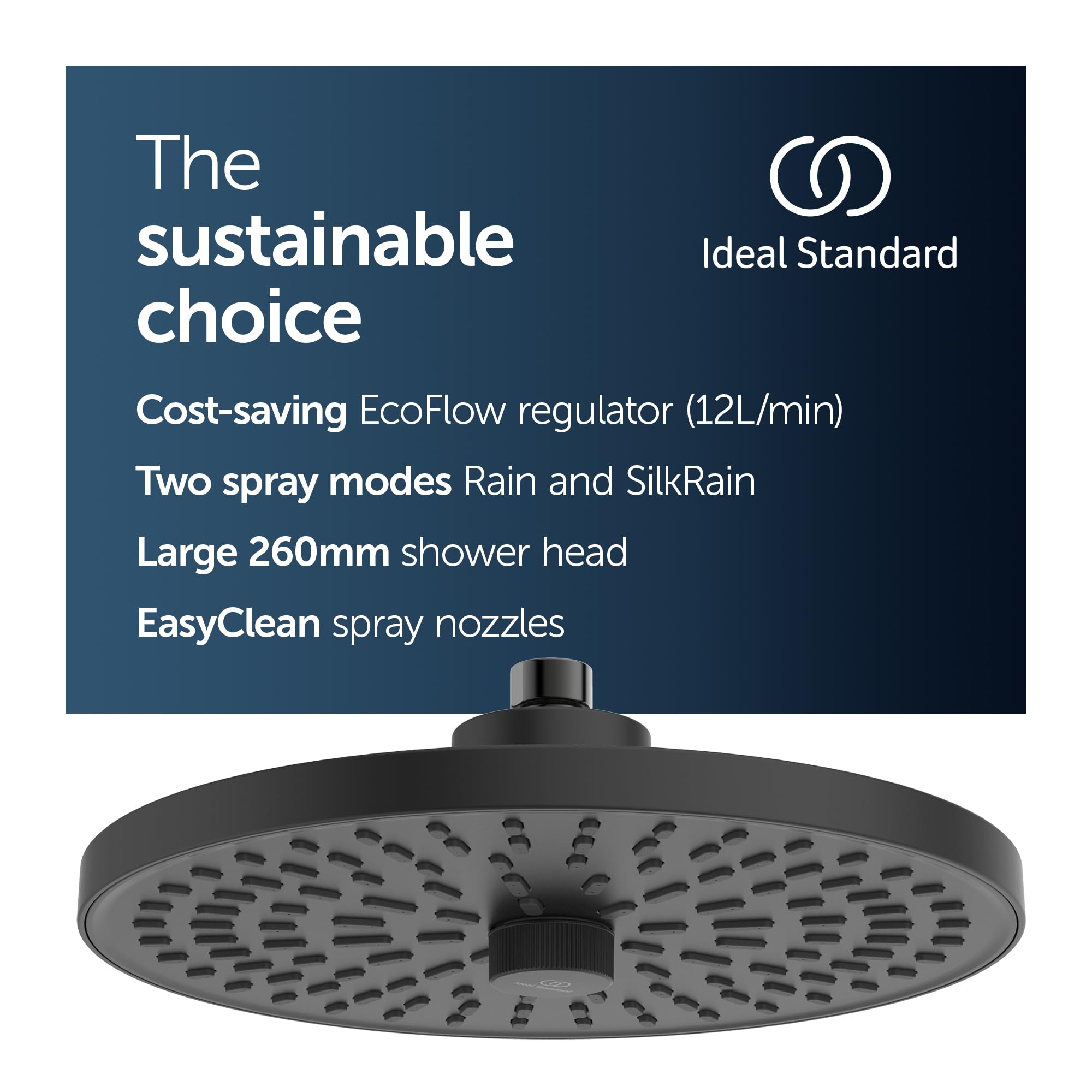 Ideal Standard Idealrain Alu+ zestaw prysznicowy z dwoma rodzajami strumienia do wyboru za pomocą przełącznika obrotowego, deszczownica oszczędzająca wodę z dyszami EasyClean – matowa czerń (260 x 91