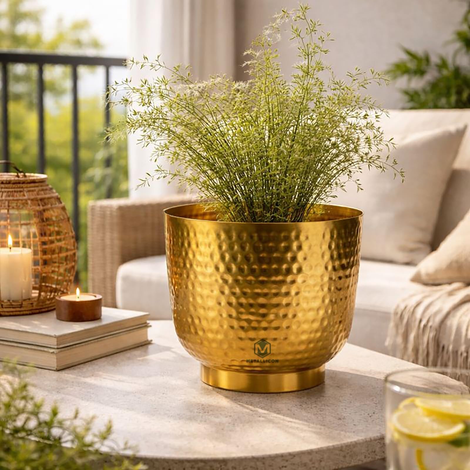 hammered metal flower vase for home decor, decorative tabletop centerpiece vase for living room, office & dining table, premium metal construction, 24 cm diameter x 23 cm height