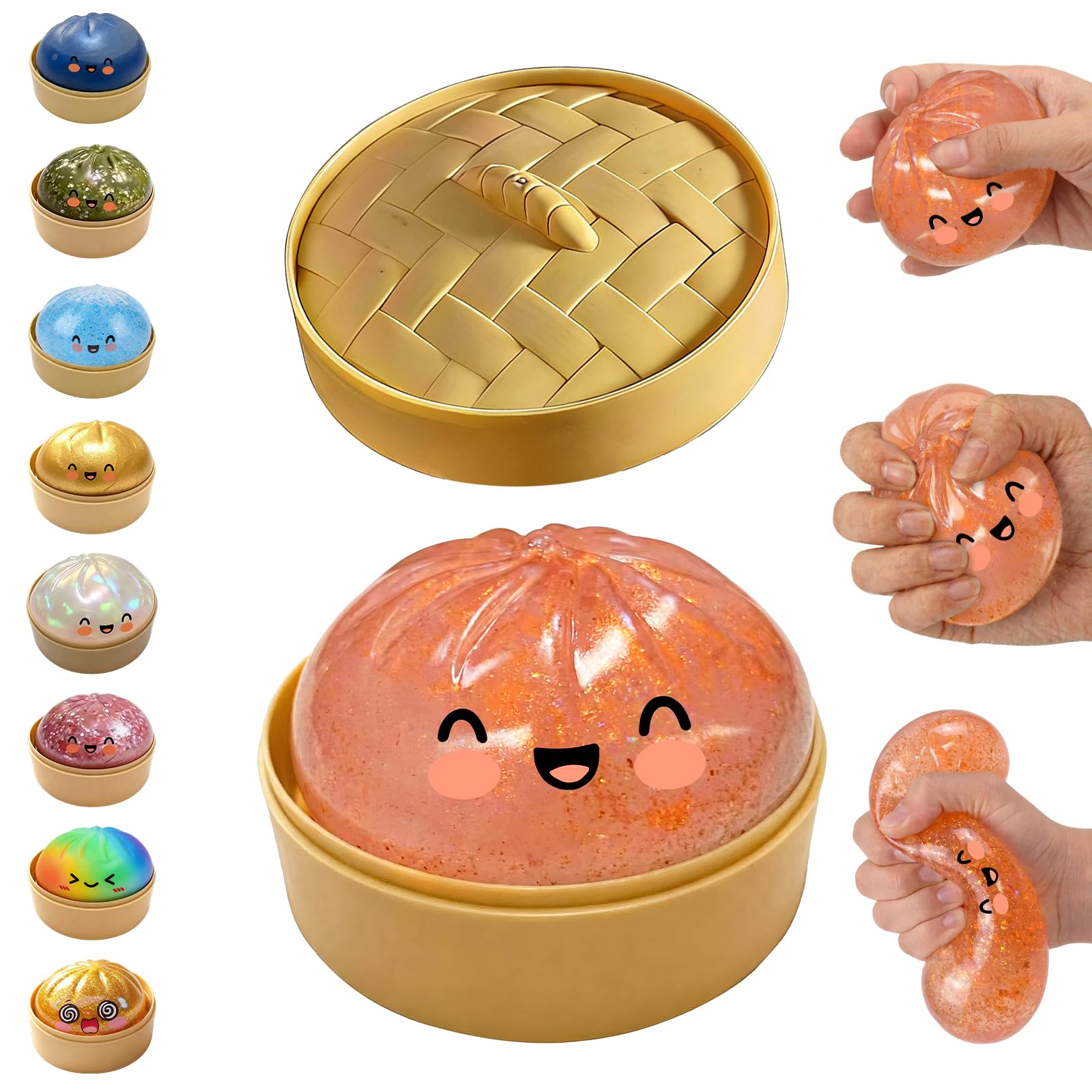 Glitter Dumpling Squishy,Dumpling Squishies,Glitter Dumpling Mystery Box,Colorful Dumpling Stress Balls Fidget,Jumbo Squishy Toy with Steamer Box,Soft Squeeze Decompression Dough (Glitter White) — view 10