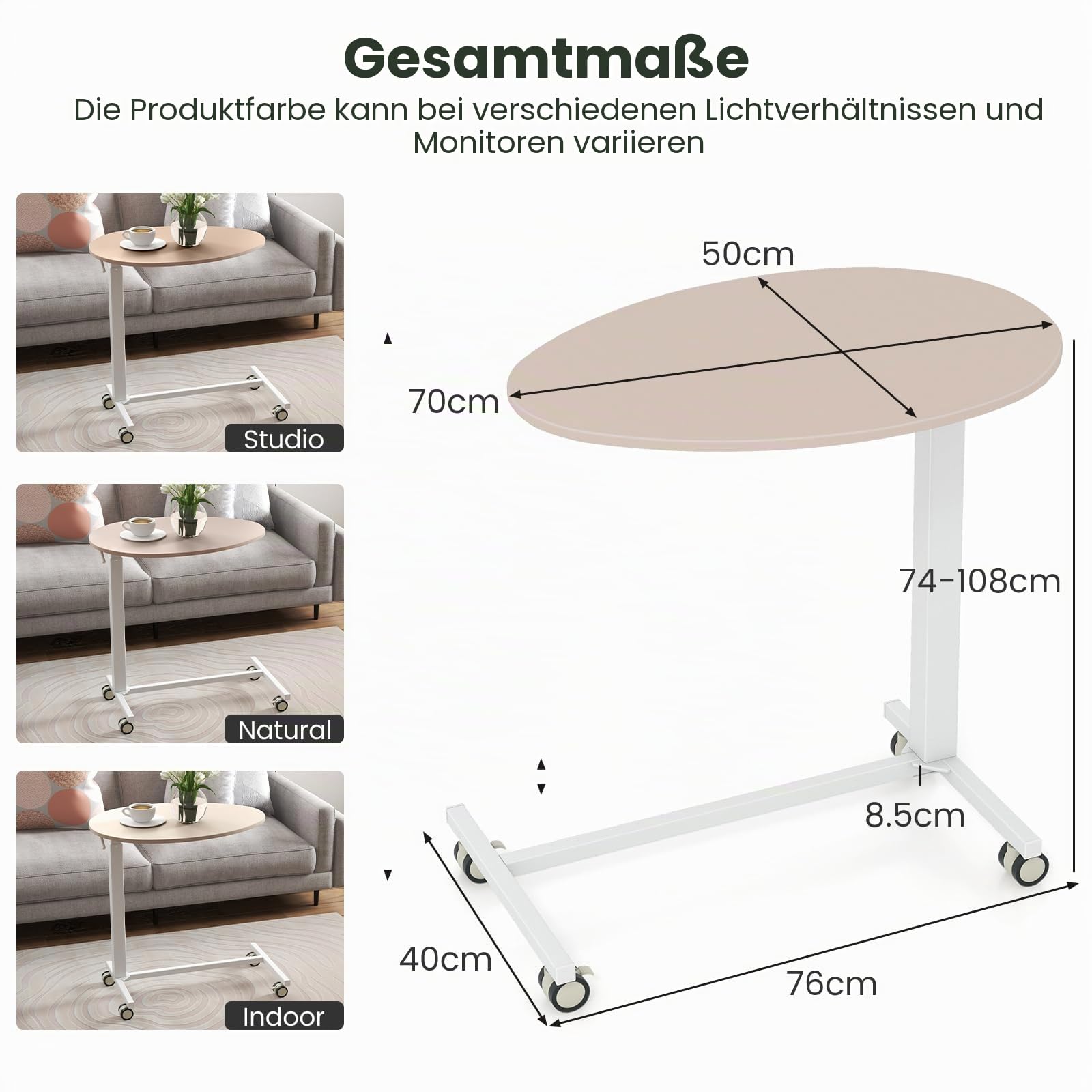 LIFEZEAL Höhenverstellbarer Beistelltisch mit Rollen, Pflegetisch Betttisch C Form mit Lufthebeln, Mobiler Seitentisch Sofatisch für Küche, Esszimmer, Wohnzimmer, Max. 75 kg, 70 x 50 x 74-108 cm