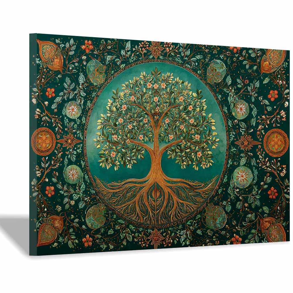 ZAMAEIU Tree of Life Painting Abstract Pattern-woven tree Panoramic Canvas Prints Pictures for Living Room Bedroom Home Office Wall Decoration(green)-70x100cm Framed