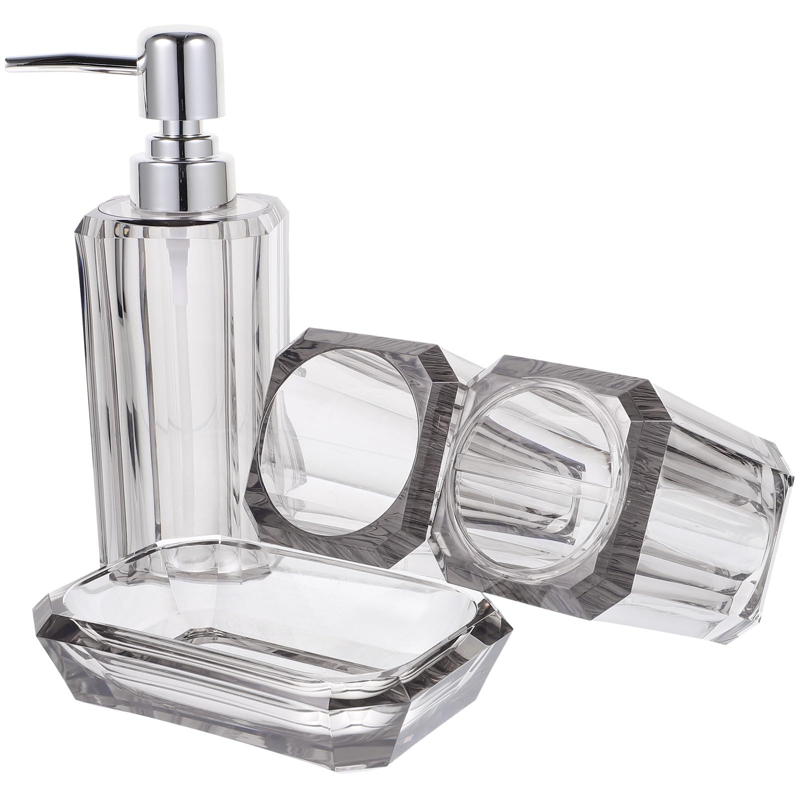 BESPORTBLE Juego Accesorios Baño 4 Piezas Acrílico Transparente Gris, Dispensador Jabón Manual, Soporte Cepillo Dientes y Jabonera Compacta para Baño Doméstico y Hotel, Fácil Limpieza