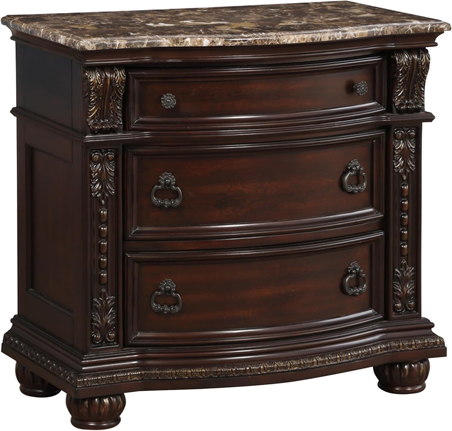 Traditional 3pc Set Formal Bedroom Furniture Queen Size Sleigh Bed and 2X Nightstands Marble Top Classic Design Dark Cherry Finish with Gold Tipping