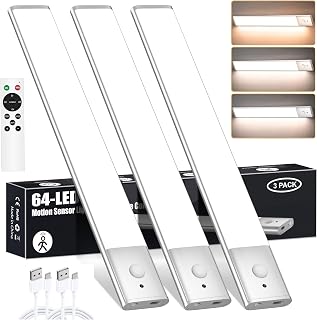 Under Cabinet Lighting, 3 Color Under Counter Lights for Kitchen Lighting,64 LEDs Rechargeable Motion Sensor Closet Lights Wireless with Remote, Dimmable LED Night Light for Shelf Pantry Stair,3 Pack