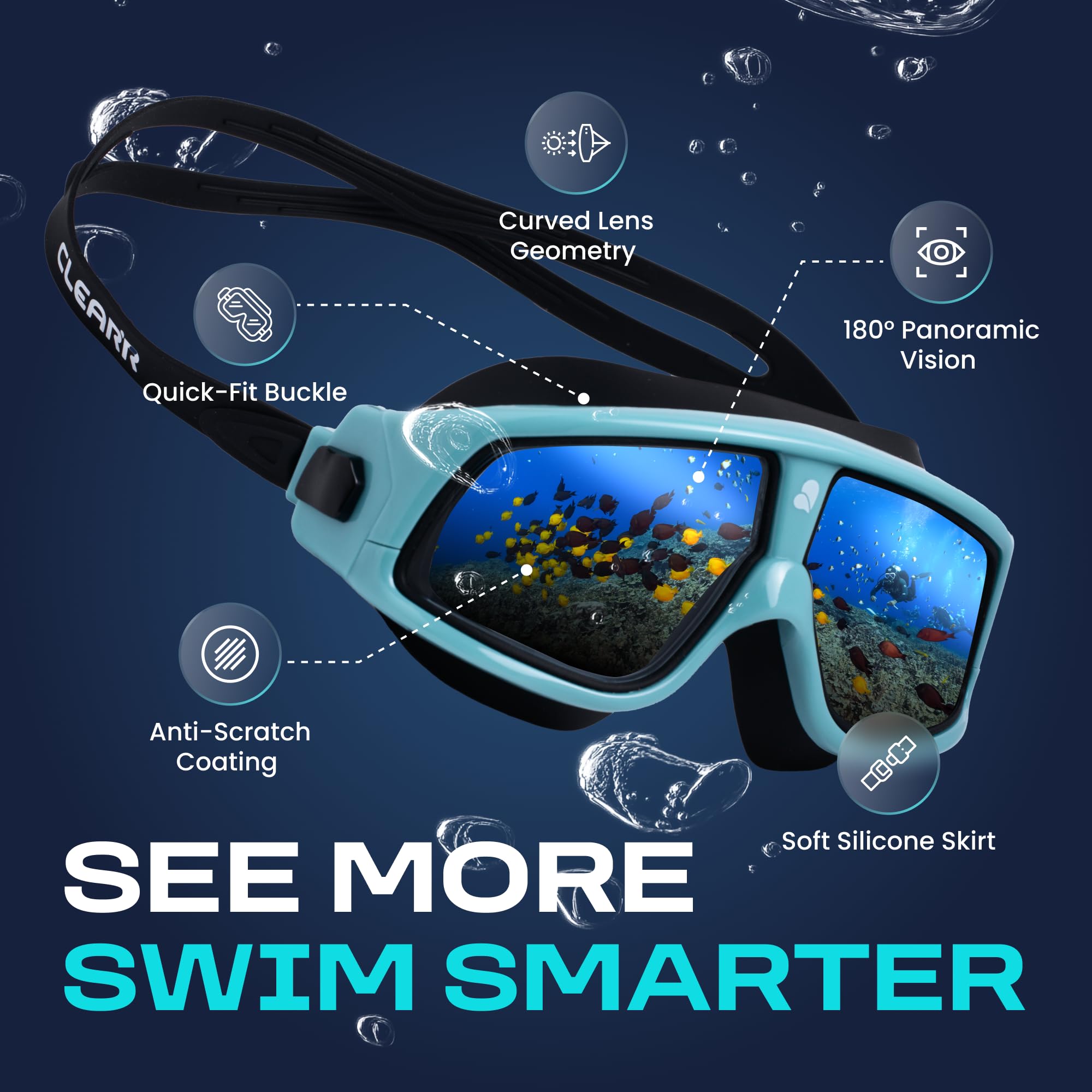 Clear'r Focus - Maschera da nuoto per adulti, per adulti, visione panoramica, maschera in silicone, rivestimento antigraffio