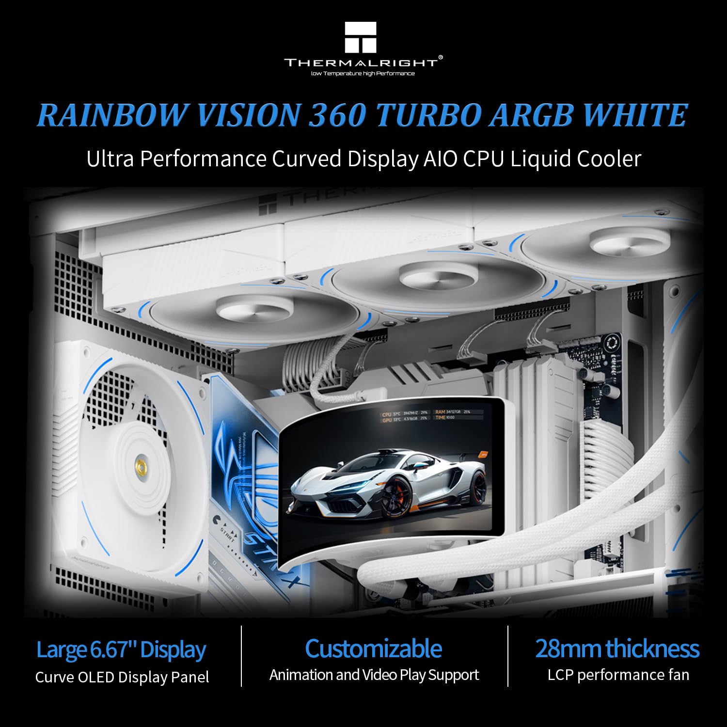 TR Rainbow Vision 360 Turbo ARGB - Enfriador Aio blanco de 360 mm, pantalla curva de 60 Hz con resolución de 2400 x 1080, para AM4/AM5, Intel LGA1851/1700, 6.67 cm 3D con pantalla de succión magnética