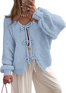 Women's Tie Front Bow Cardigan Sweaters Chunky Knit Long Puff Sleeve Tre...