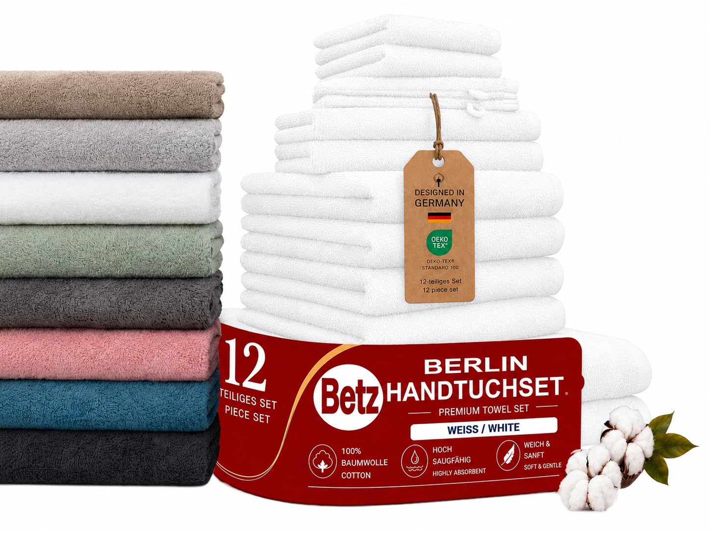Betz Berlin Handtuch-Set 12-teilig – 100% Baumwolle – Oeko-TEX® Zertifiziert – extra saugfähig & weich – hohe Grammatur – Duschtücher, Handtücher, Gästetücher & Waschhandschuhe Farbe Weiß