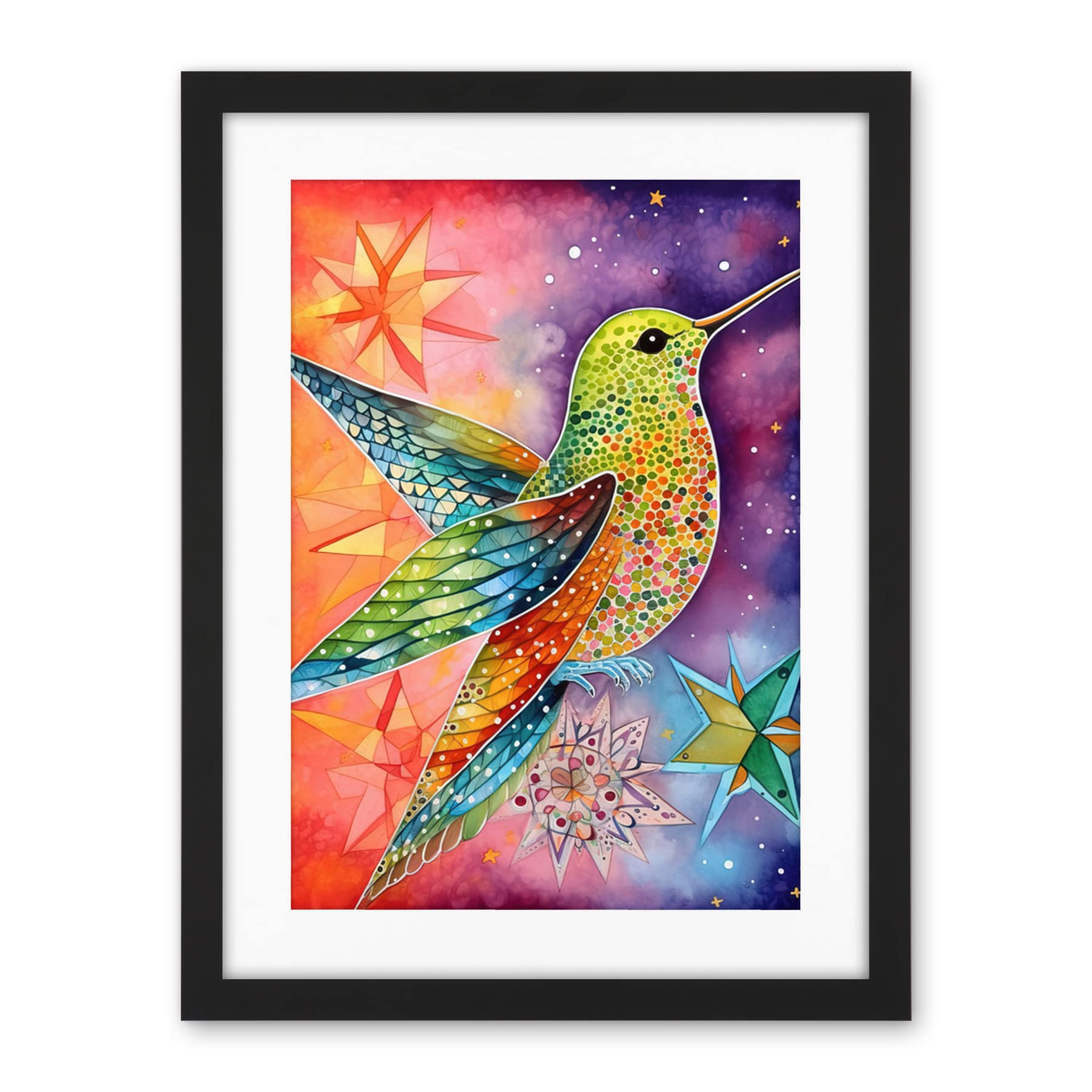 Artery8 Hummingbird In Vibrant Astral Field Folk Art Watercolour Painting Artwork Framed Wall Art Print 18X24 Inch