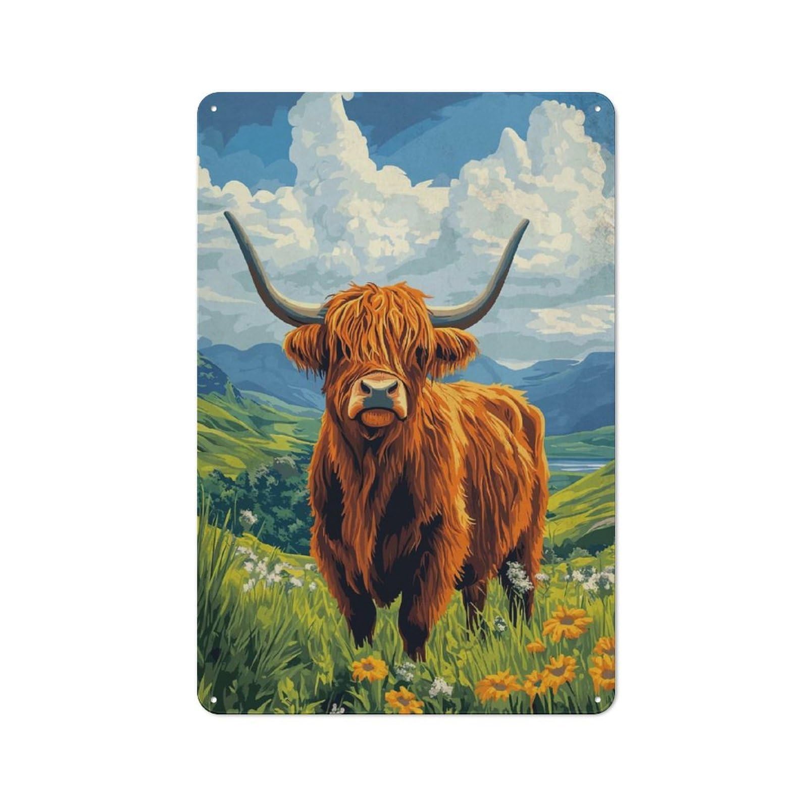 Junmoney Style-18 Highland Cow Meadow Retro Tin Wall Plaque 30X20cm For Hobby Room Or Studio, New Home Wall Decor For Hobby Room Decor Fans