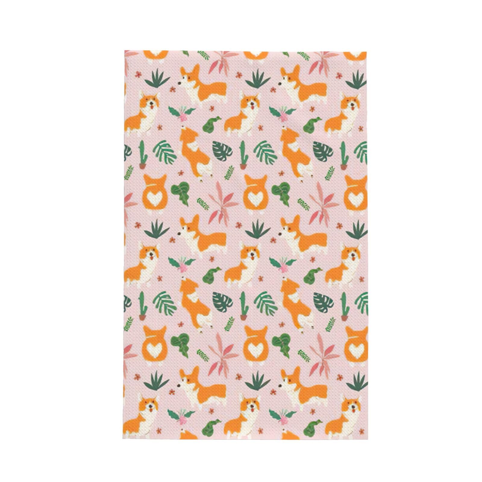 CKGODGF Small Size Corgi Print Absorbent Waffle Dishcloths,Kitchen Towels With Hanging Loops,Tea Towels.