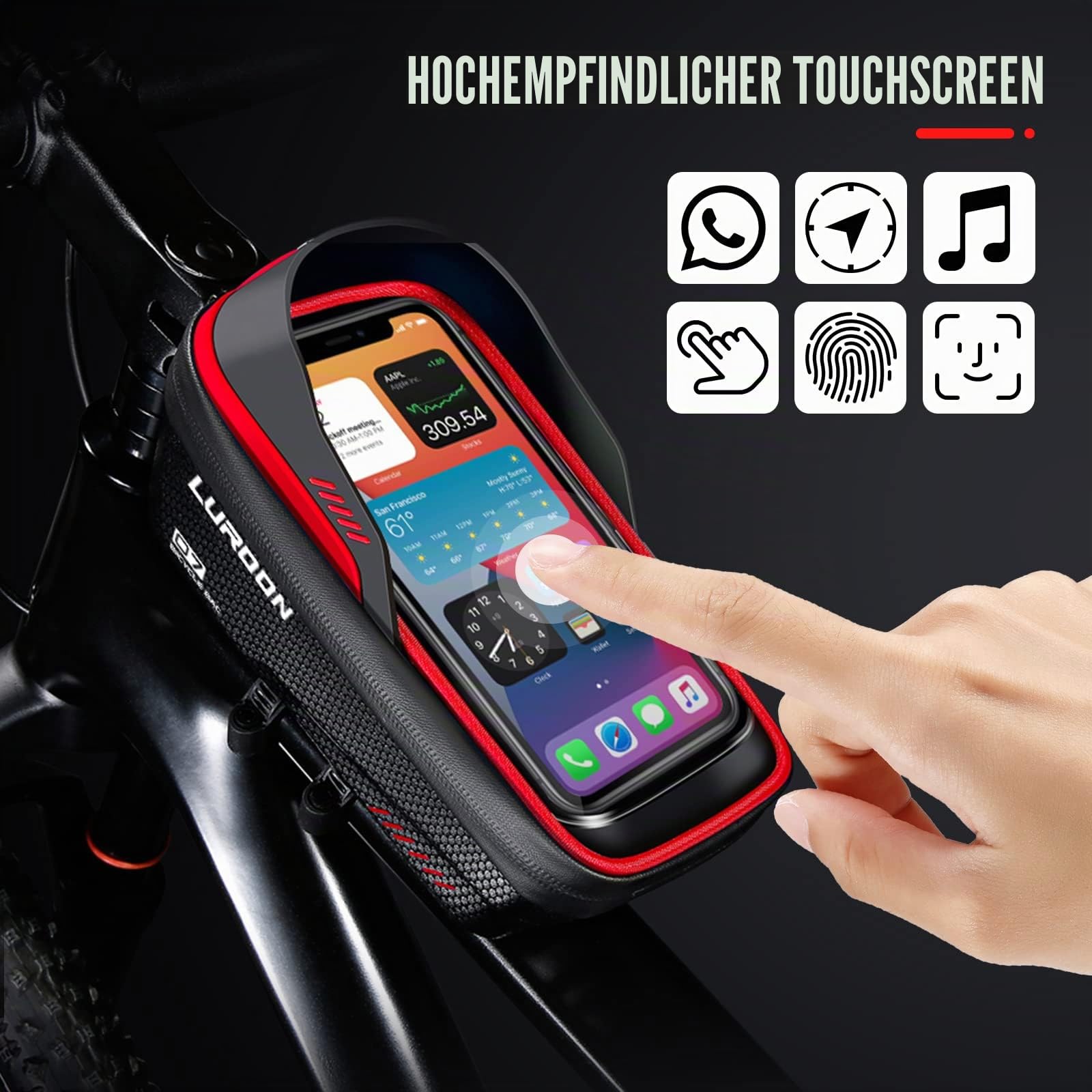 LUROON Fahrradhalterung Handy Halterung Halter Wasserdicht Fahrradlenker Tasche Fahrradtasche mit Regenhaube Fahrrad Rahmentasche Lenkertasche Handytasche für Smartphone bis zu 6.9 Zoll (Rot)