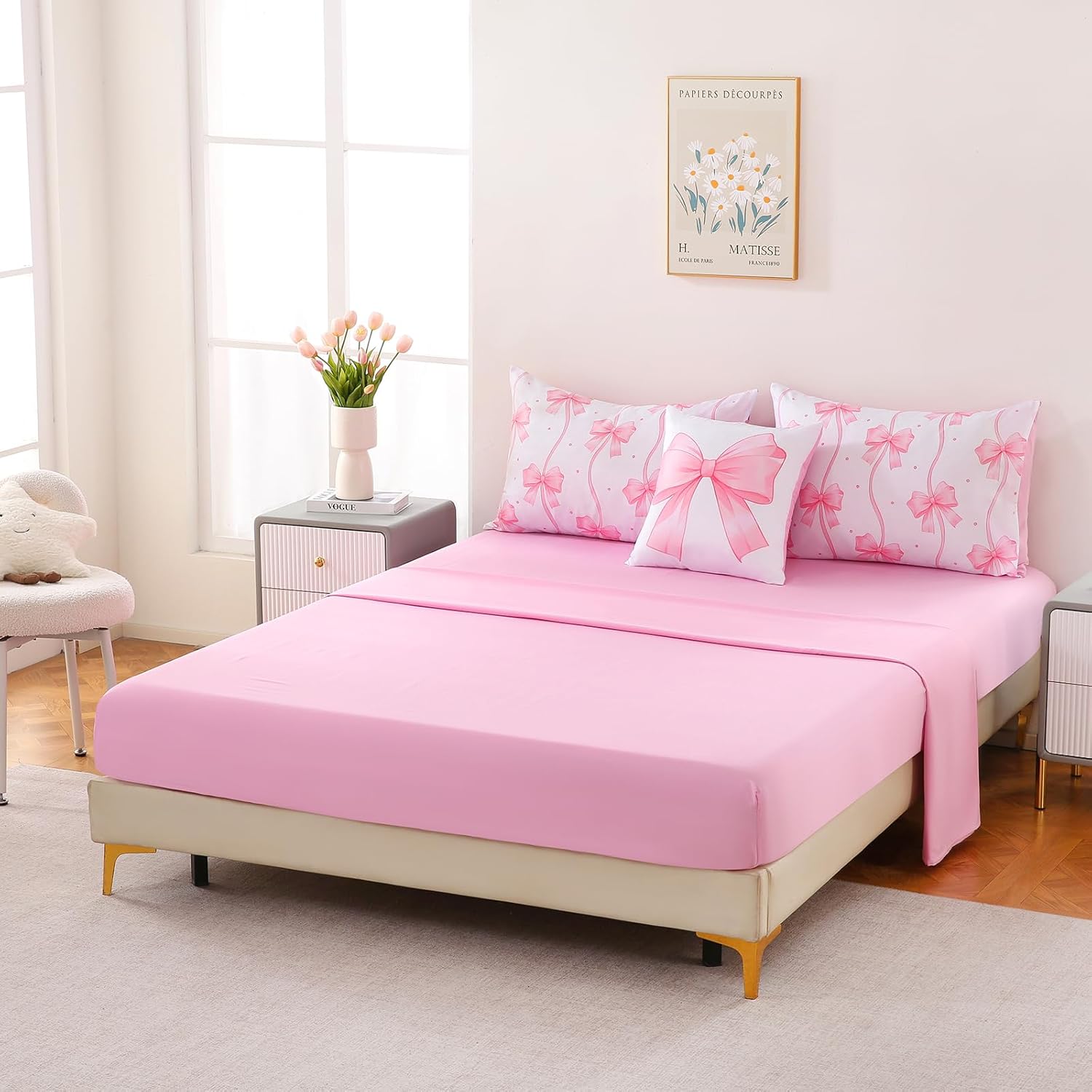 DORCAS Bow Full Size Comforter Set for Girls,6 Pieces Bed in A Bag Pink Bow Bedding Sets with Sheets for Kids - Image 4