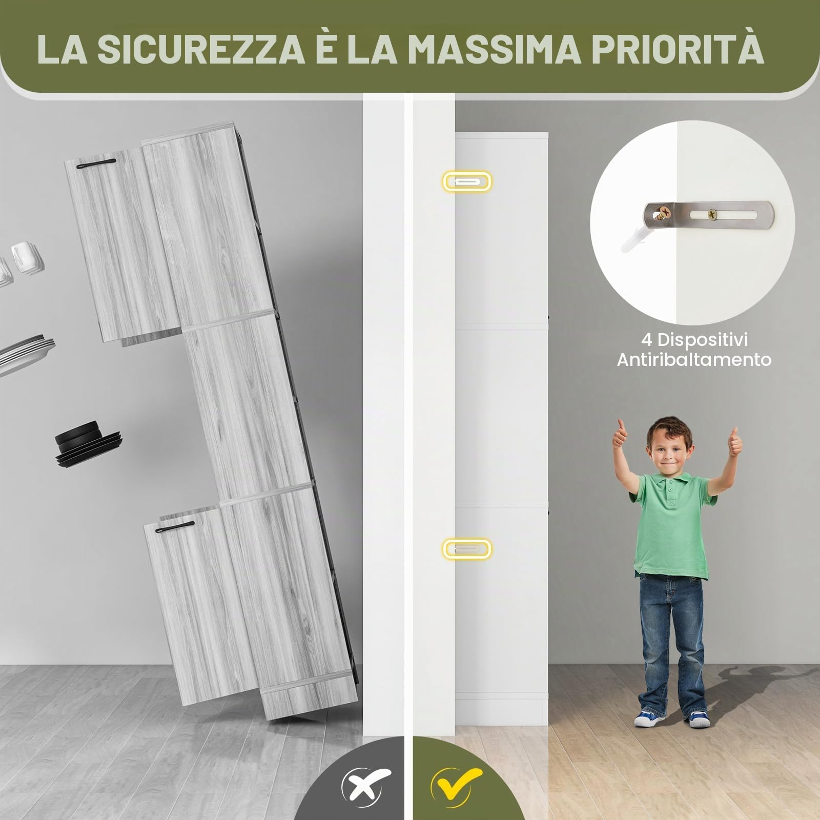 GIANTEX Credenza da Cucina Alta 190 cm con 4 Ante, 2 Scomparti Aperti e 6 Ripiani, 4 Kit Antiribaltamento, Armadio Portaoggetti per Cucina e Bagno