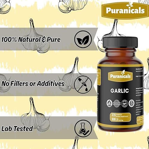 Miniatura 8 de Puranicals Garlic Premium 320 Capsules Non GMO and Gluten Free  Herbal Supplement  900 mg Per Serving  Made with 100% Pure Garlic Bulb Powder