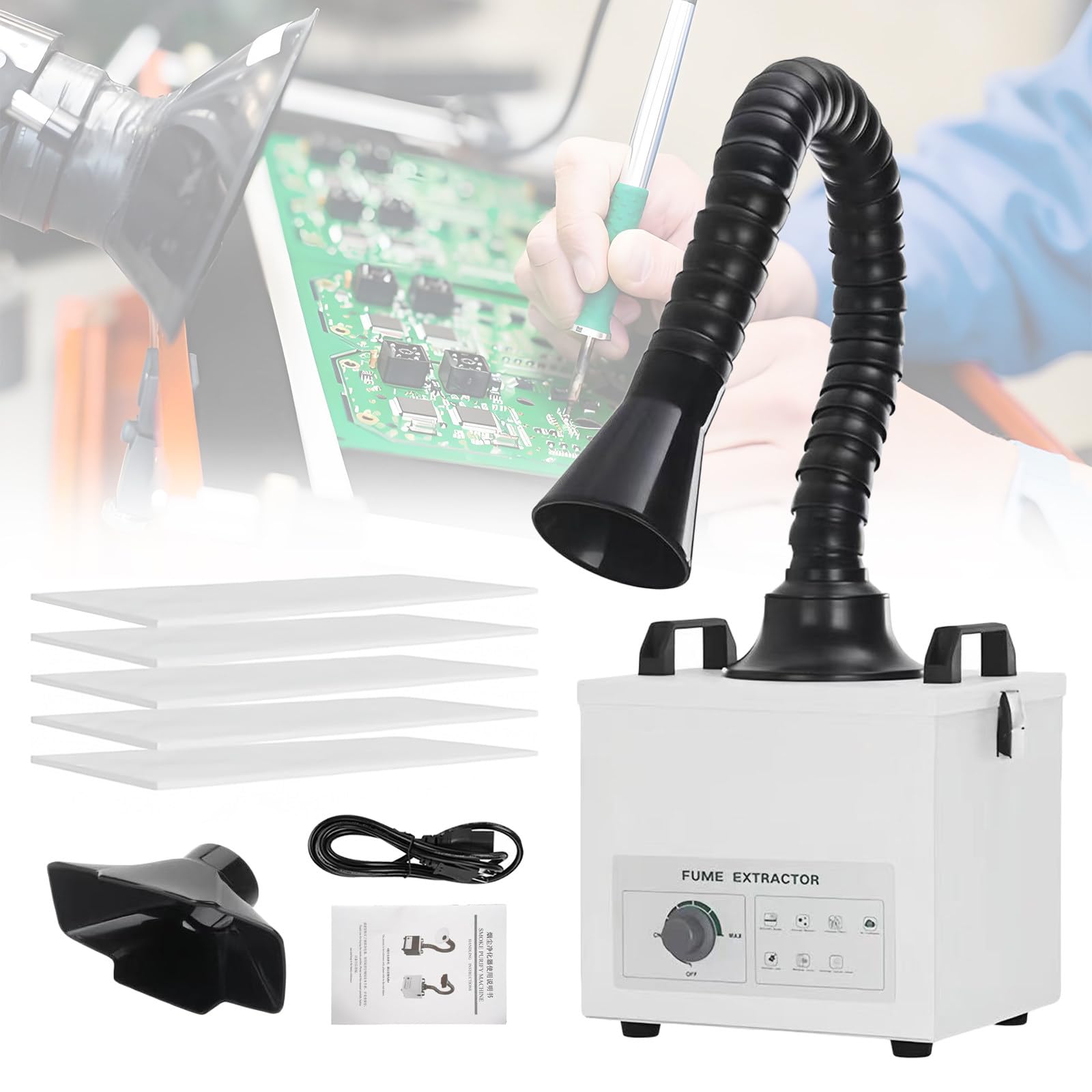 Odsysacz Oparów Lutowniczych 100W, 200m³/h, Cichy, z Obrotem 360° i Regulacją Prędkości, Oczyszczacz Powietrza z 3-Stopniowymi Filtrami do Samodzielnego Spawania, Lutowania na Biurku 220V
