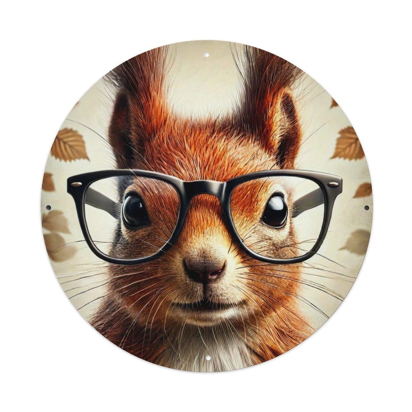 Squirrel Wearing Black Glasses Retro Metal Tin Sign, Vintage Metal Poster for home, Gaming Room, Studio Workshop,Bar,Garage Wall Art Decor 8x8 inch
