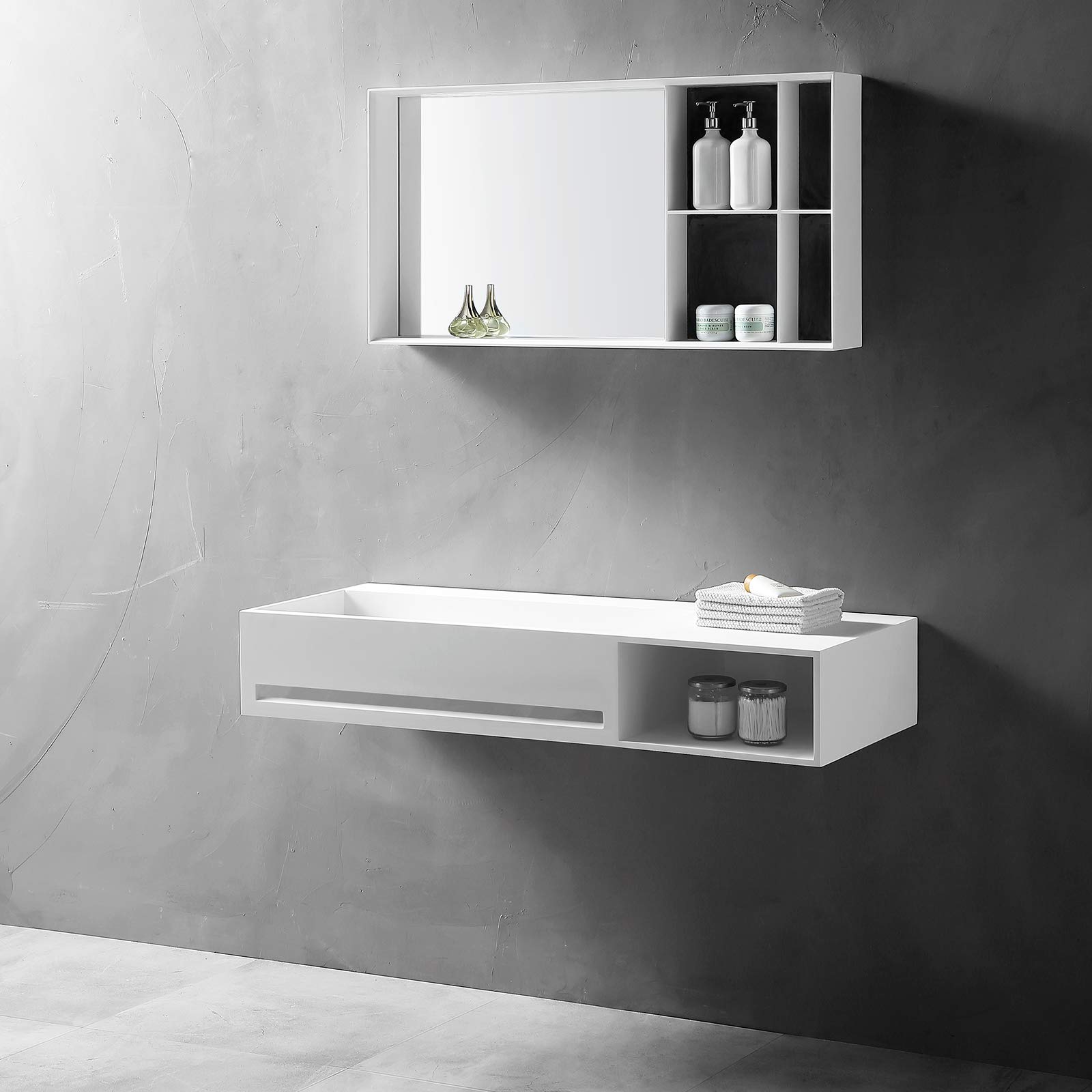 Lavabo sospeso con portaoggetti e porta asciugamani TWG62 - Solid Surface - bianco opaco, Larghezza lavabo:120 cm