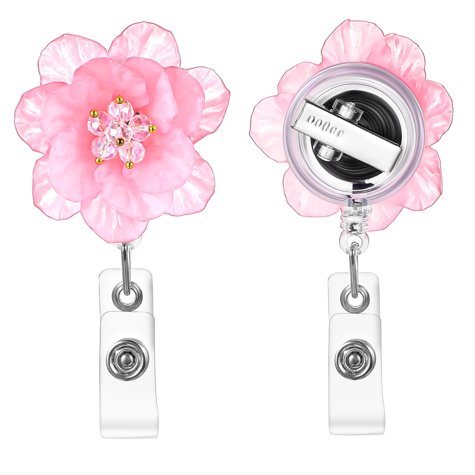 KFHENSOMR Flower Badge Reel, Pink Spring Badge Reel, Retractable Cute Nurse ID Name Badges Holder Clips with 360° Rotating Alligator Clip and Nylon