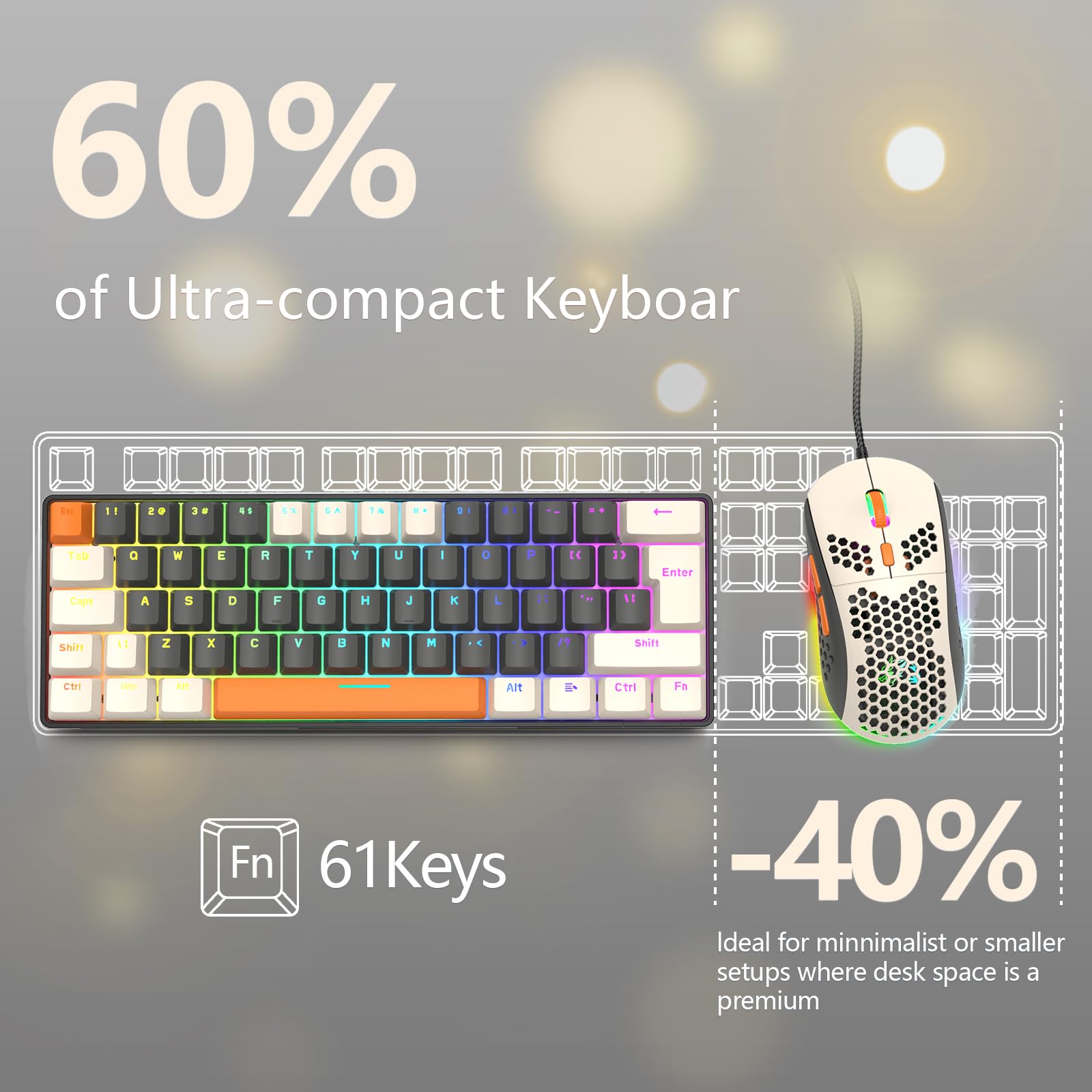 RK-T60 Tastiera e mouse da gioco meccanico cablato Combo portatile con retroilluminazione arcobaleno 62 tasti NKRO 6400DPI RGB a nido d'ape cavo aviatore a spirale per PS4/PC/WIN Gamer (grigio
