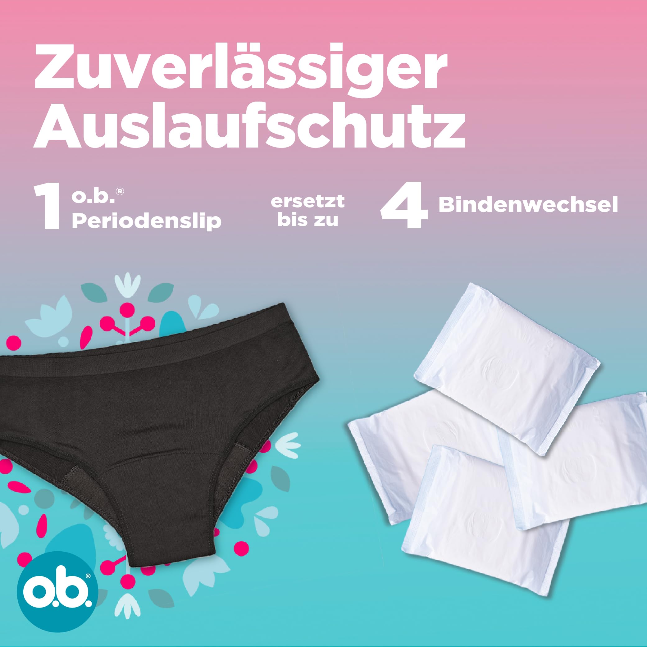 o.b. Teens Periodenslip, 3 Stk | Wiederverwendbare Periodenunterwäsche, speziell für Teens entwickelt, bietet Schutz für eine starke Periode, Größe 152-164