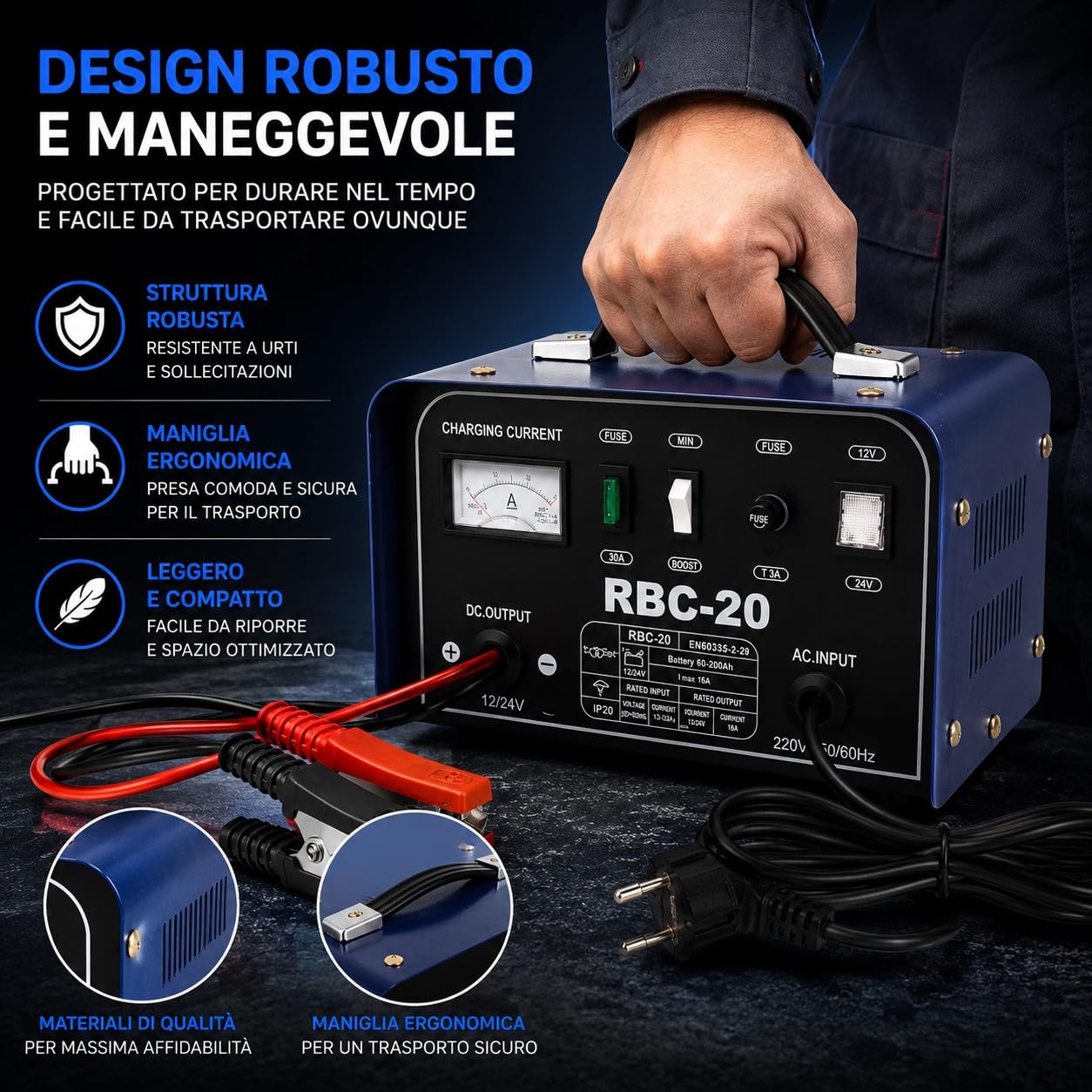 Caricabatterie Auto Moto 12V 24V Corrente di Picco 20A Professionale per Batterie al Piombo 60-200Ah con Amperometro Analogico Modalità MIN/MAX per Auto Furgoni Barca Trattore