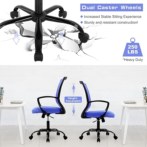 Miniatura 7 de Sillas de escritorio de oficina en casa, silla ergonómica de oficina con respaldo medio, silla de trabajo de malla con soporte lumbar y Azul,Negro