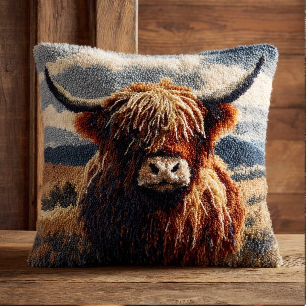 Taxpy Latch Hook Cushion Kits Highland Cattle Pillowcase Kits Embroidery Kit 17X17 Inch DIY Needlework Pillow Cover Sofa Cushion Rug Making