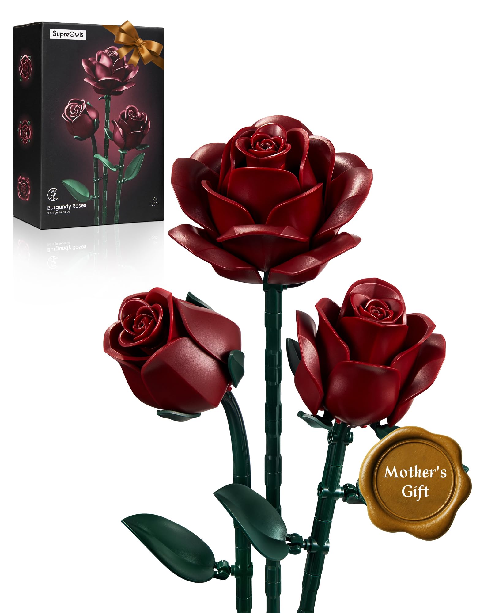 Millionspring Blumenstrauß-Bauset mit burgunderroten Rosen und 3 Kunstrosen – Geschenkidee für Sie und Ihn, Freundin zum Valentinstag, Muttertag, Geburtstag, Weihnachten, gotische Wohndekoratio