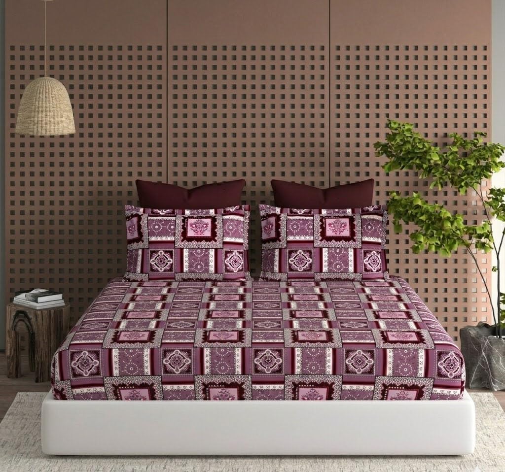 DECOMIZER Cotton Feel All Around Elastic Fitted Glace Printed Queen Size Double Bed Bedsheet with 2 Large Pillow Covers Fits Upto Mattress of 8 Inches,Size - 60 x 78 x 10 Inches, Cherry Floral