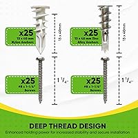 Vista 2 de Anclaje autoperforante de plástico y zinc para paneles de yeso con kit de tornillos, el paquete incluye 25 anclajes de plástico grandes y 25