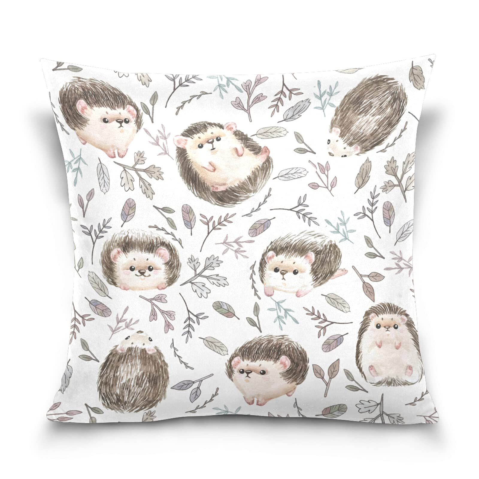 Poeticcity Seamless Cute Brown Hedgehogs Herbs Leaves on White Cotton Velvet Throw Pillow, Soft Breathable Bed Pillows, Pillowcase Sham Cushion Covers Twin Sides for Car Couch Bed 18x18 inches