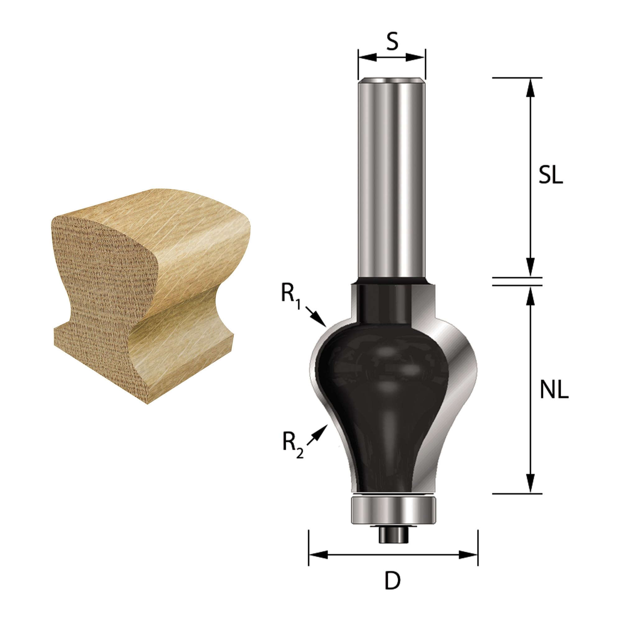 ENT 16770 Frez do poreczy profil 2 w wegliku, chwyt (S) 12 mm, srednica (D) 31,8 mm, NL 38,1 mm, R1 9,5 mm, R2 25,4 mm, SL 40 mm