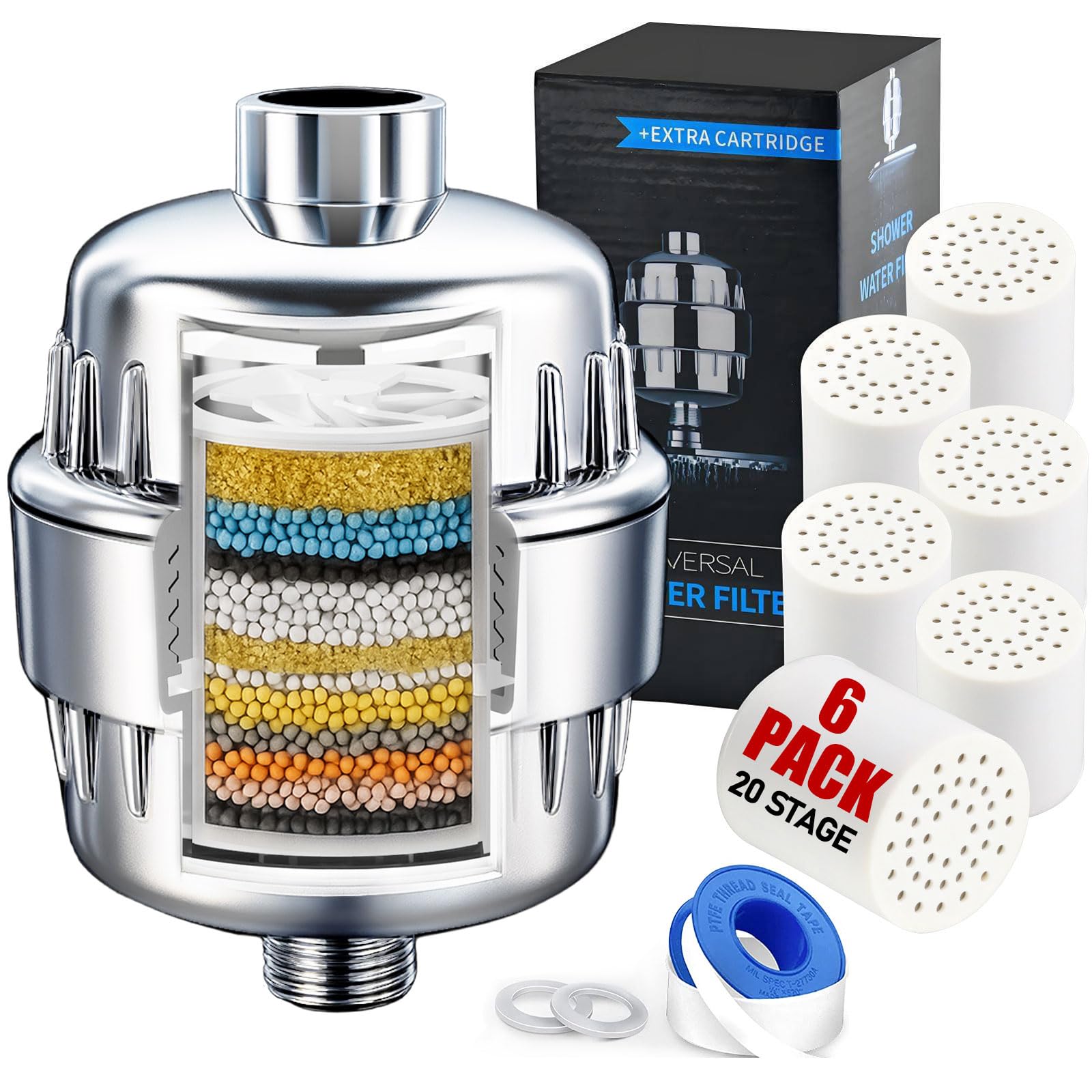 Chrome 20 Stage Vitamin C Shower Filter with 6 Cartridges – Reduces Dry Skin, Dandruff, Eczema & Hair Loss | High Output Hard Water Softener to Remove Chlorine, Fluoride & Heavy Metals
