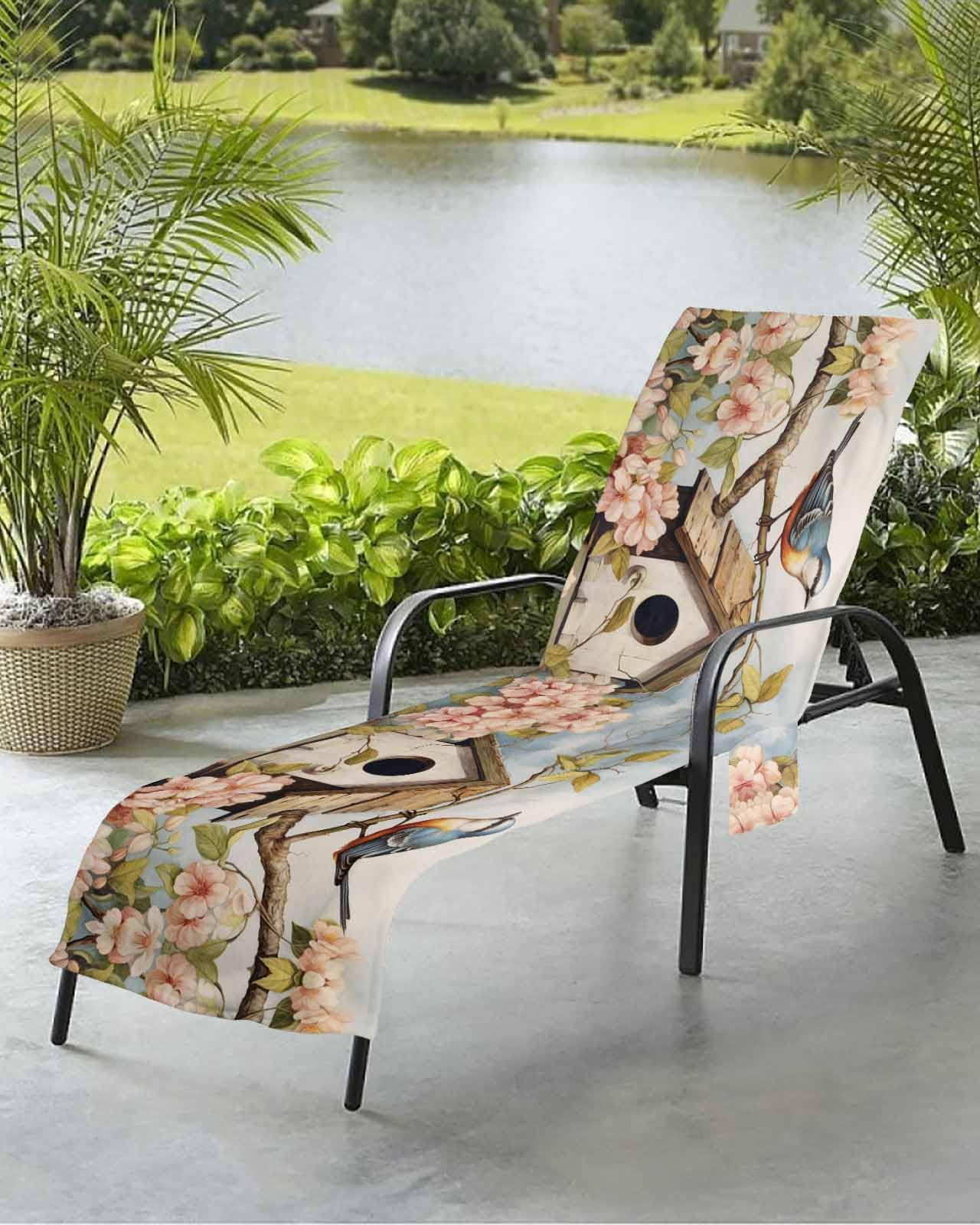 Farmhouse Birdhouse Beach Chair Towel Covers for Chaise Lounge With Side Pocket, Soft Plush Pool Towels Cover for Patio Sunbathing Outdoor 29''x85'' Vintage Spring Flower Plant Leaves
