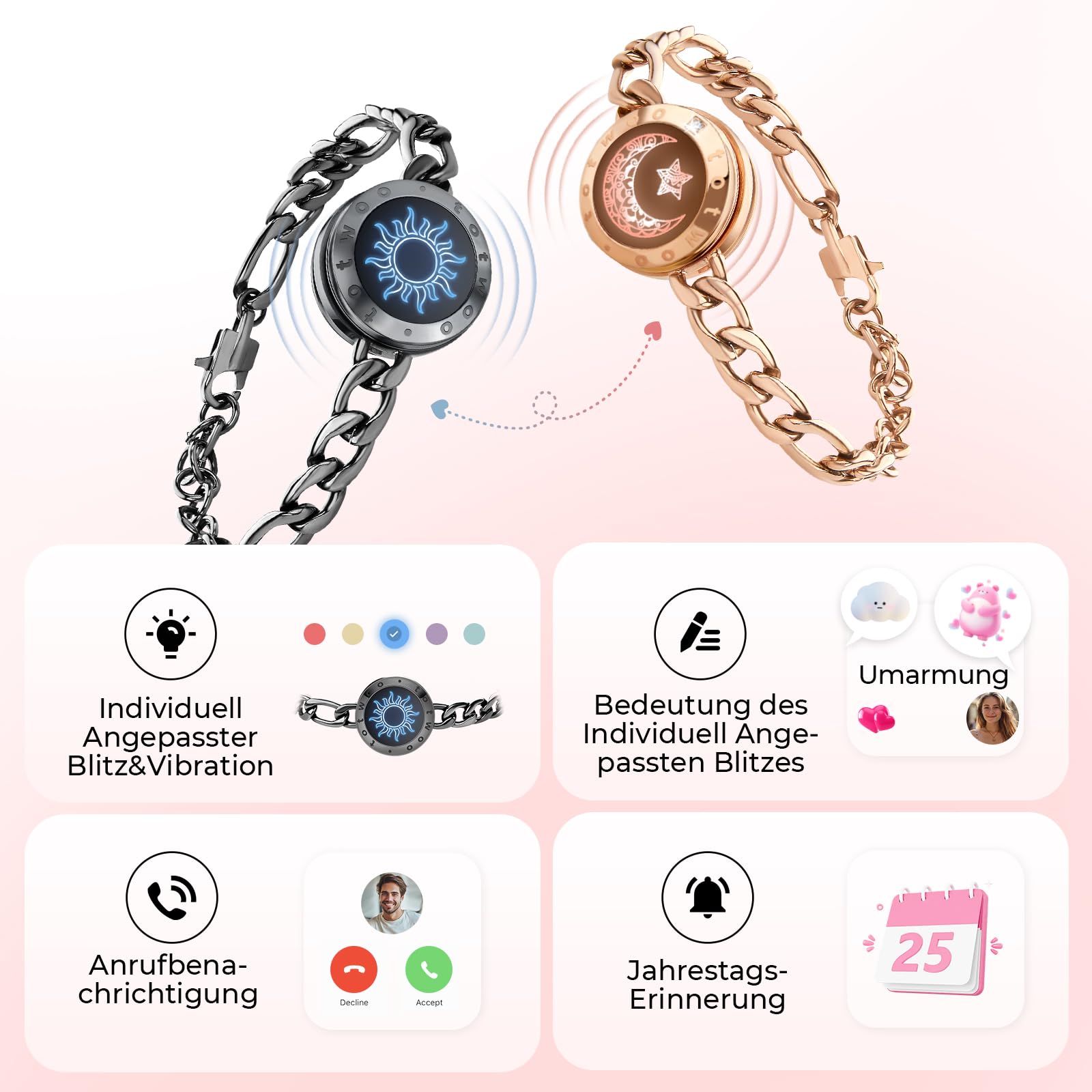 TOTWOO Braccialetti di Coppia Touch con Collegamento Bluetooth Uno a Uno tramite App, Luci e Vibrazioni – Regalo Perfetto per San Valentino e Coppie a Distanza, in Acciaio Inossidabile 316L