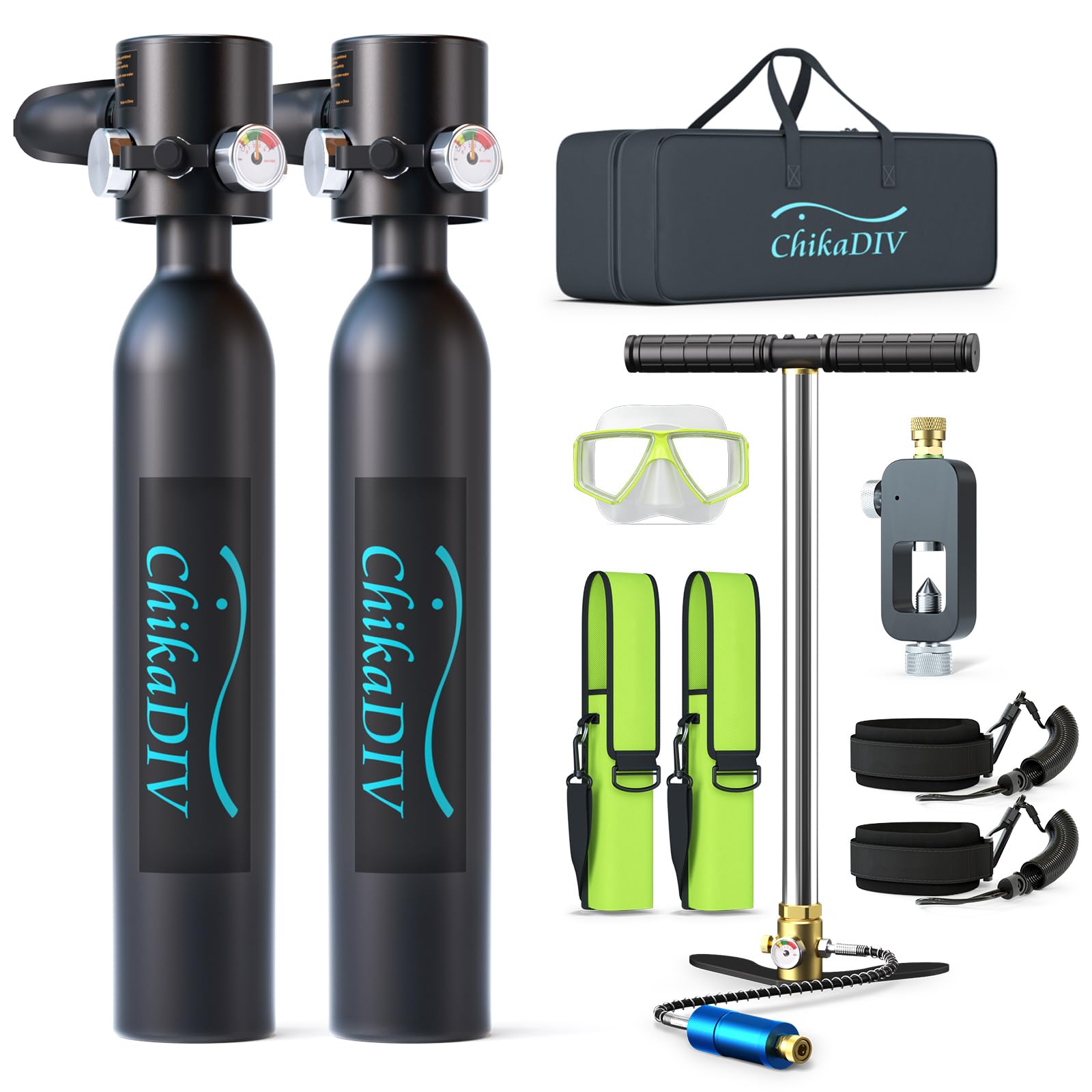 CHIKADIV Mini Scuba Tank, Lung Tank Kit with Pump, 0.5L Portable Diving Tank Gear Underwater and Equipment (Black)