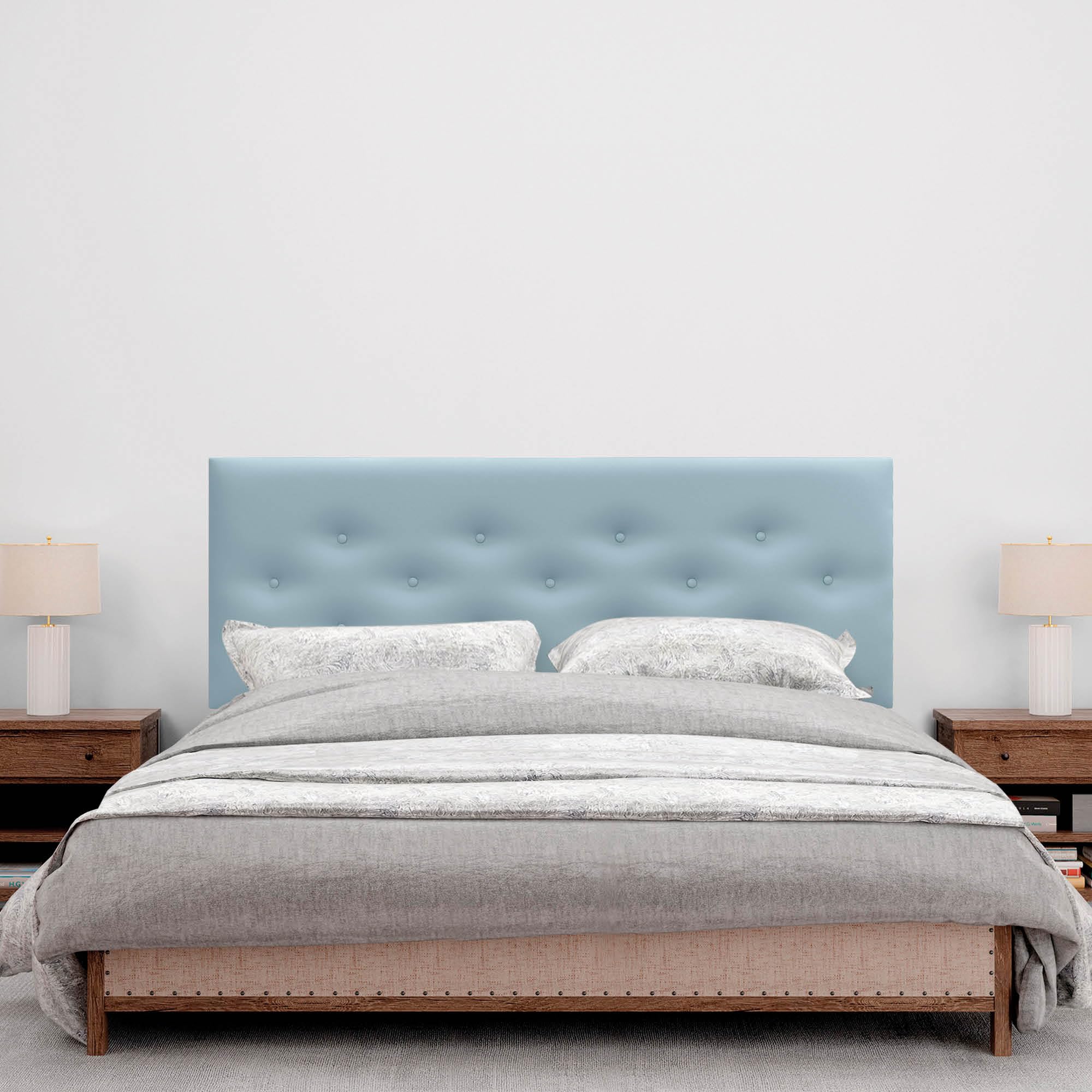 DHOME Cabecero de Polipiel o Tela ACUALINE con 3 Hileras Intercaladas de Botones Cabezal Tapizado Cama Lujo (Polipiel Celeste, 135cm)